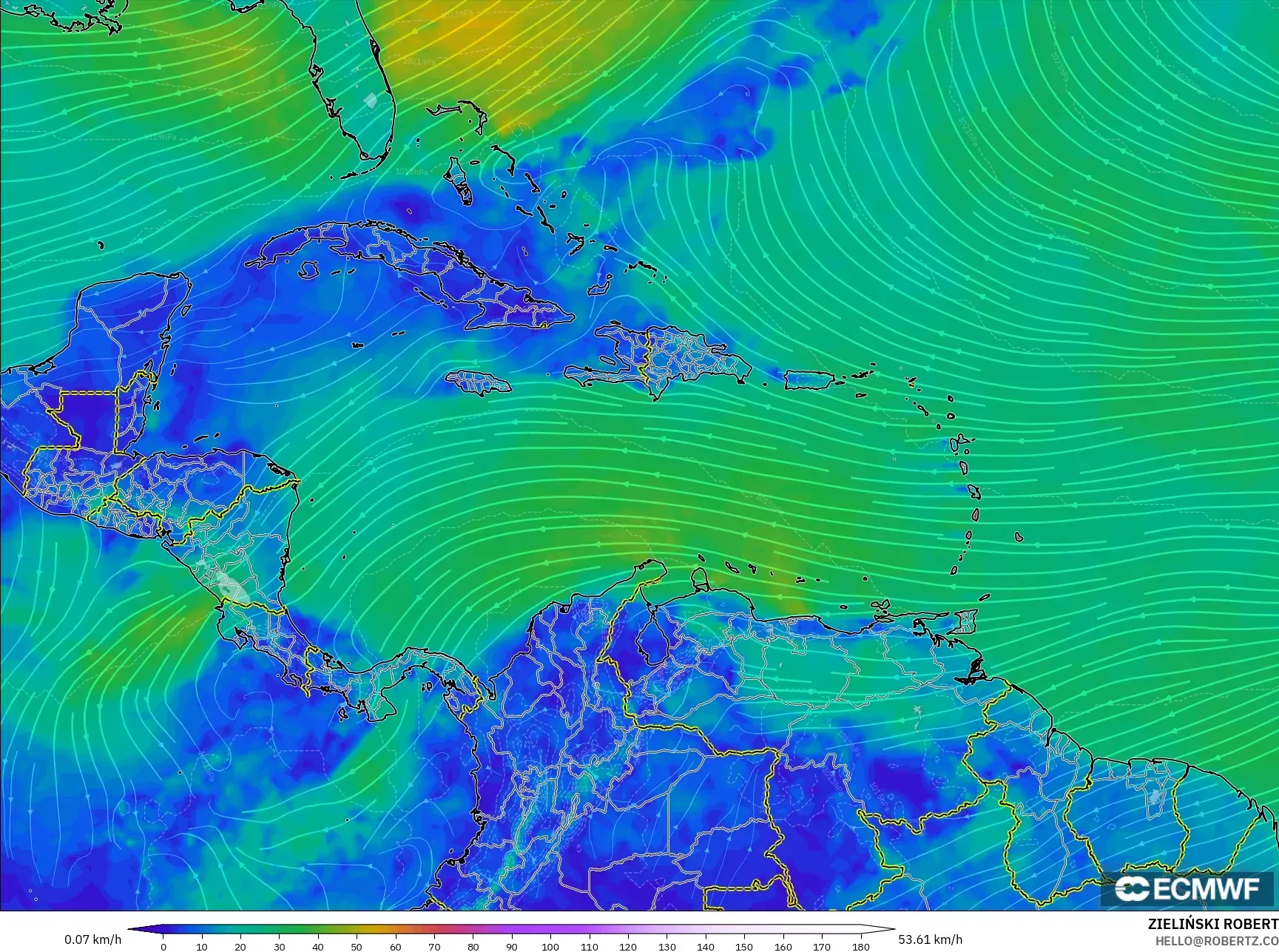 ECMWF IFS 0.25° modelo - Caribbean, Wind at 10m