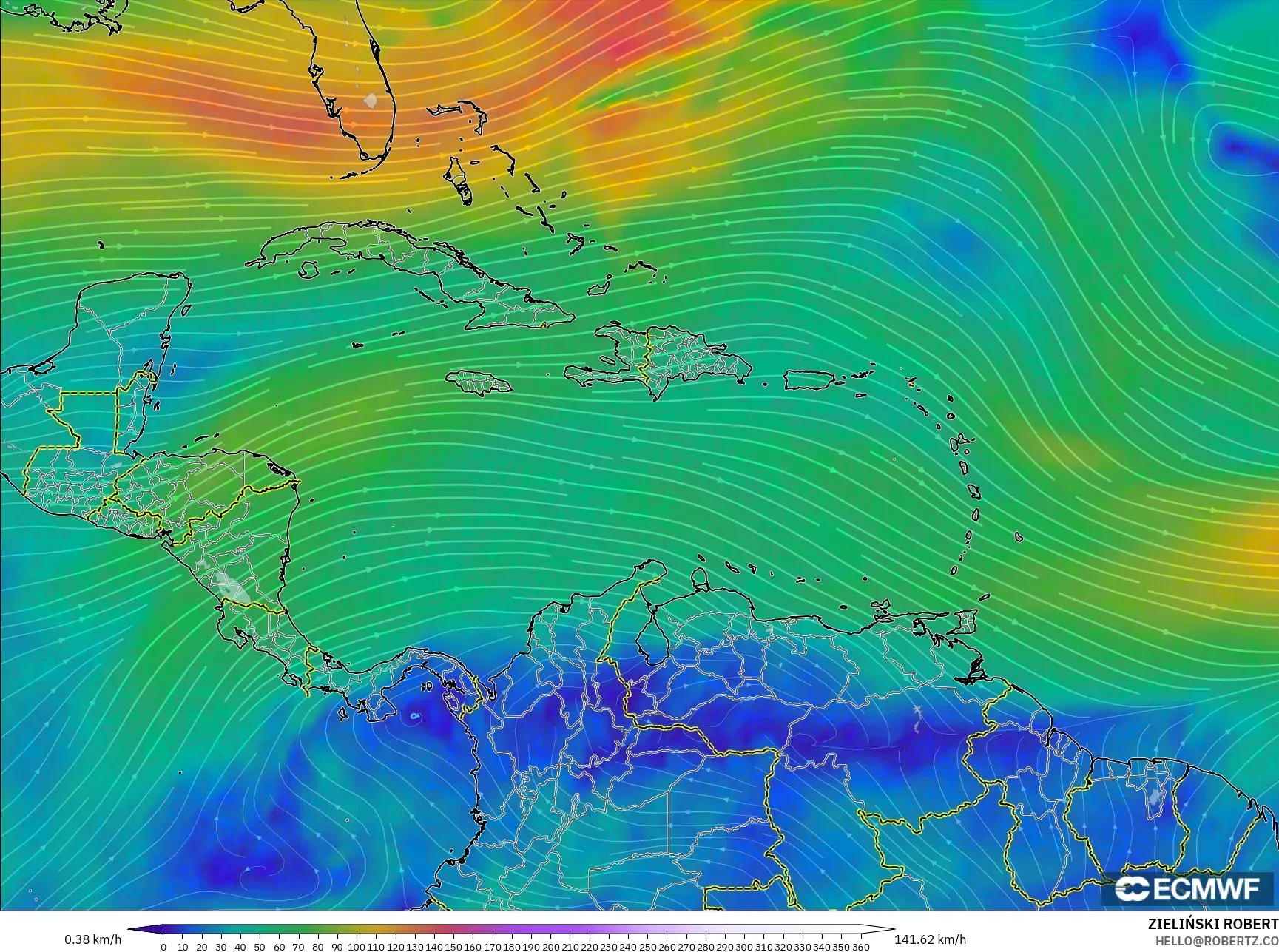 ECMWF IFS 0.25° model - Karibia, Angin 300 hPa (aliran jet)