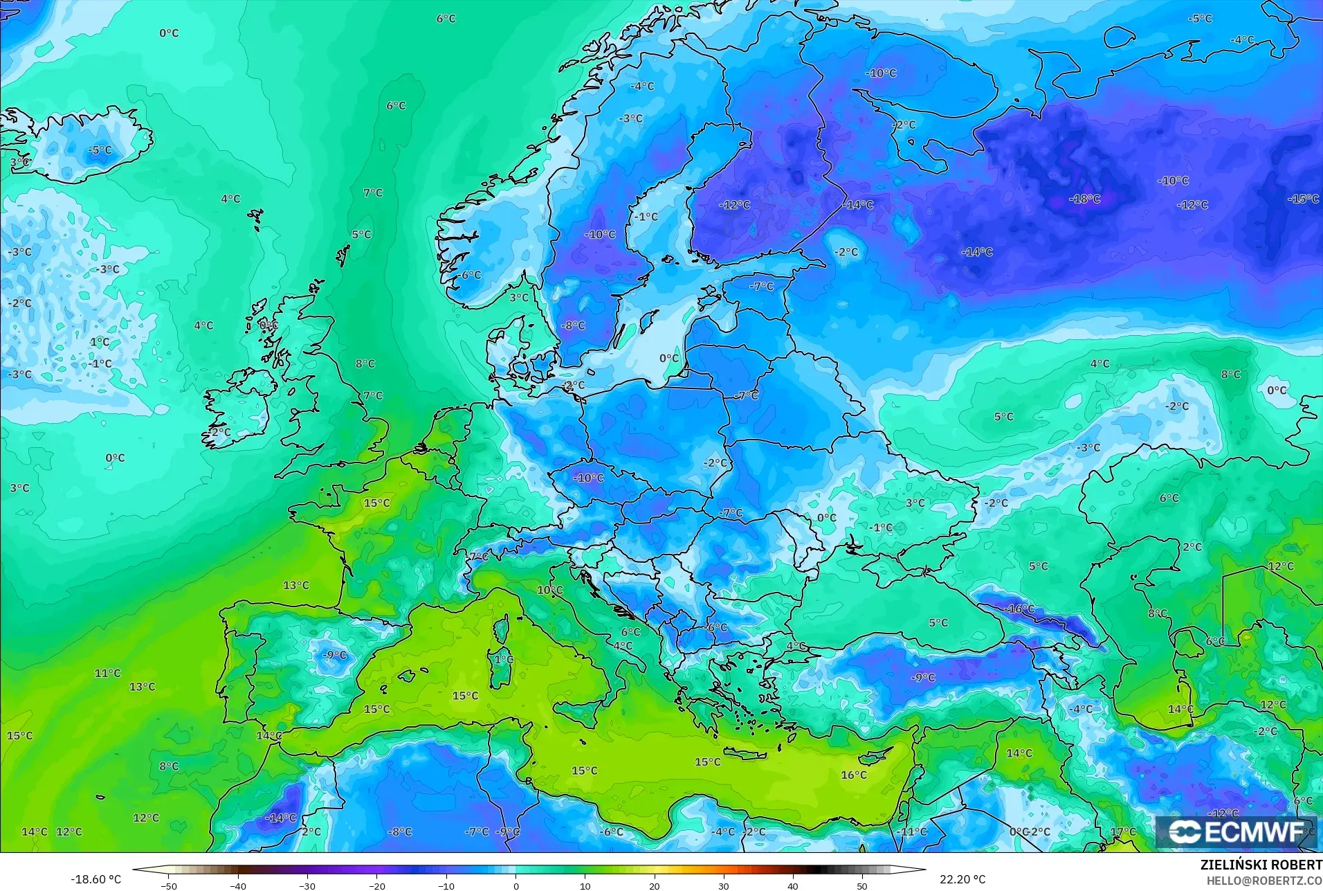 ECMWF IFS 0.25° modelo - Europe, Dewpoint at 2m