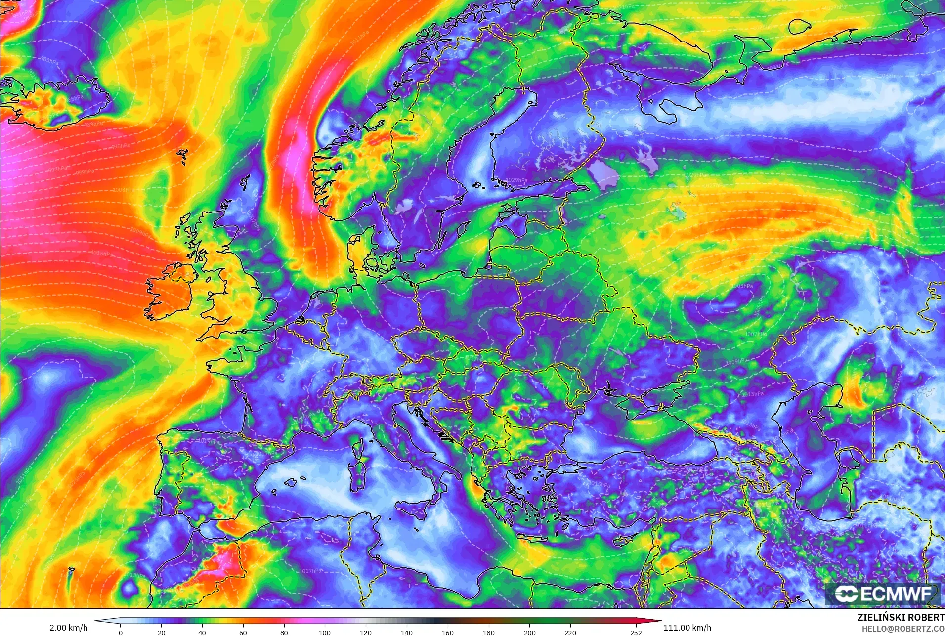 ECMWF IFS 0.25° modelo - Europe, Wind Gusts