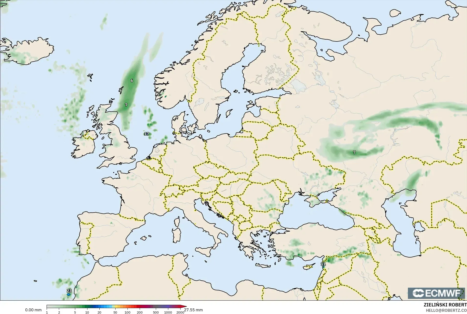ECMWF IFS 0.25° model - Eropah, Pengumpulan Hujan