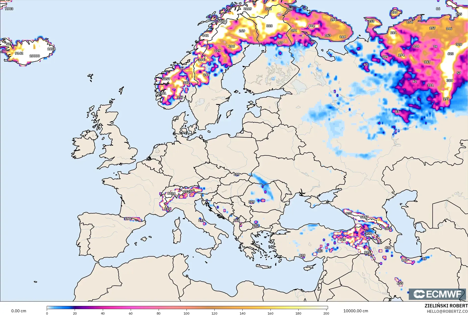 ECMWF IFS 0.25° modelo - Europe, Snow Depth