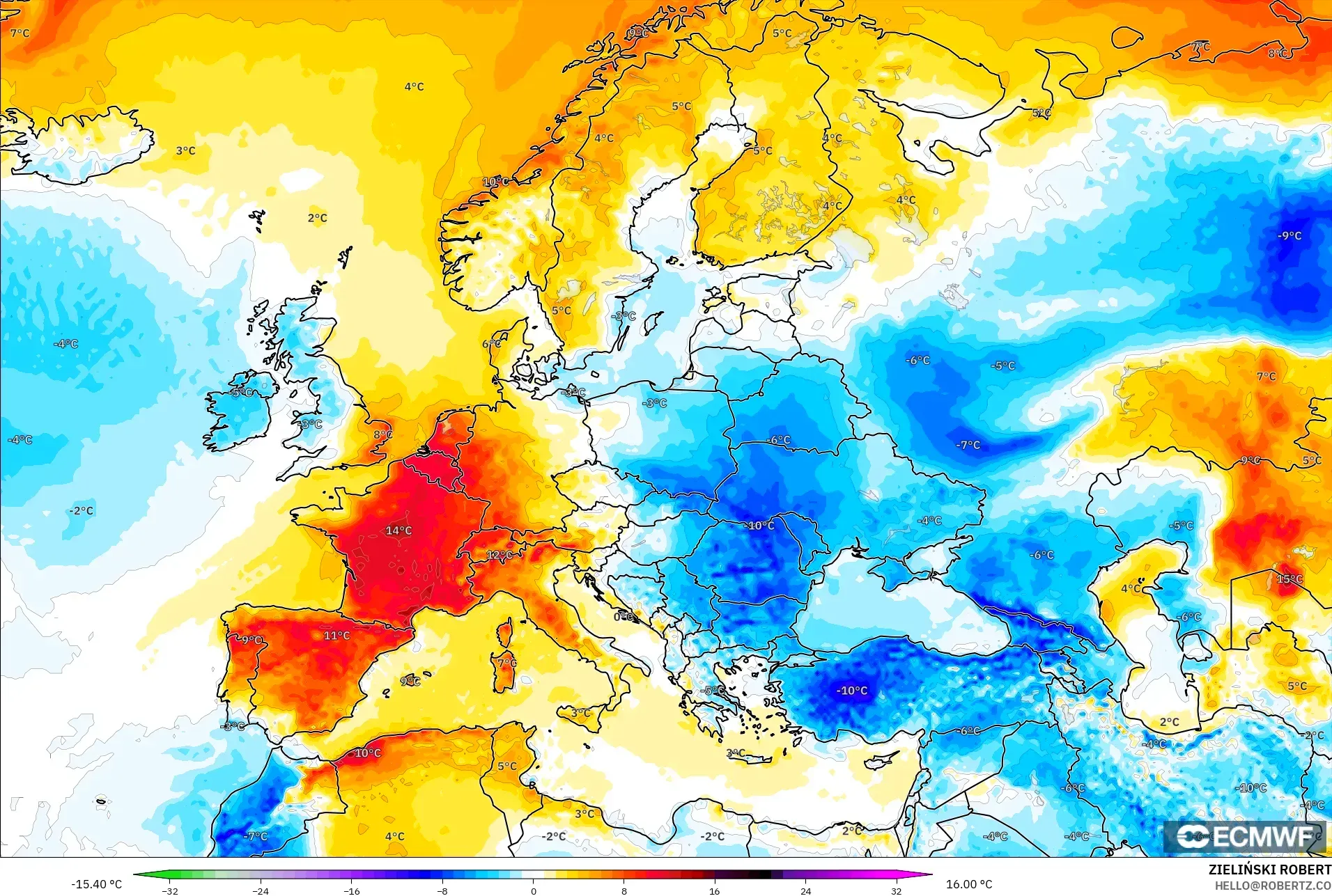 ECMWF IFS 0.25° model - Eropah, Anomali Suhu 2 m