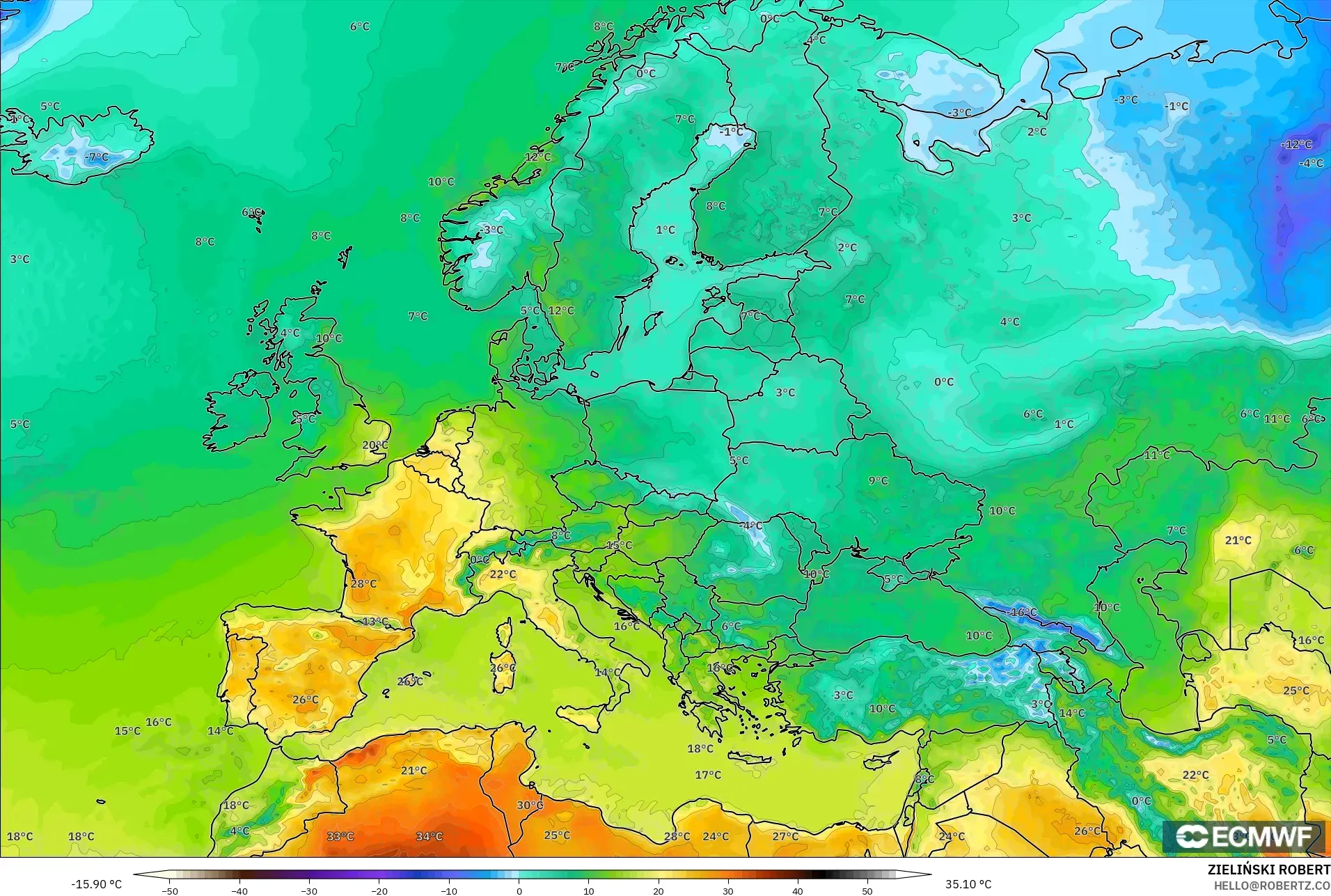 ECMWF IFS 0.25° modelo - Europe, Temperature at 2m
