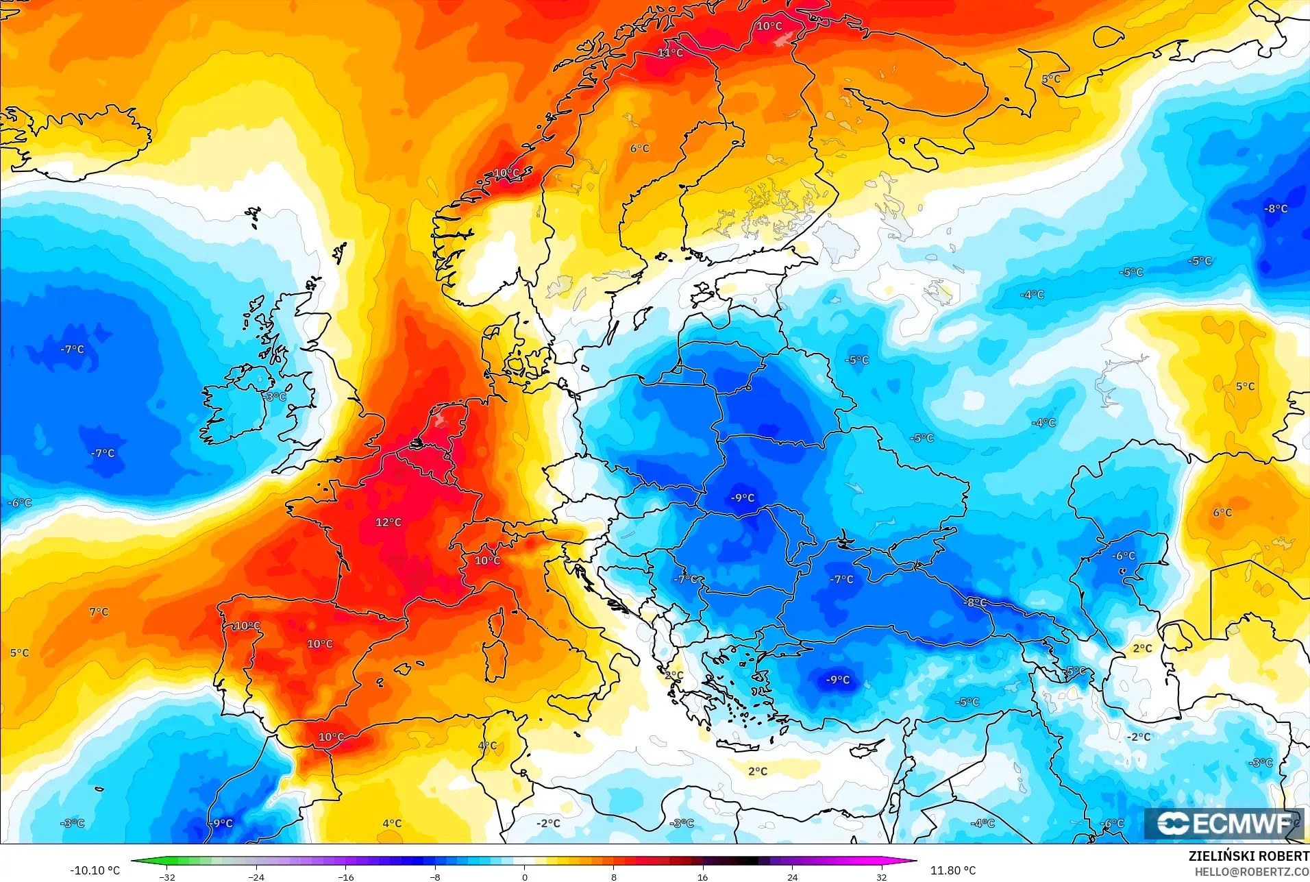 ECMWF IFS 0.25° modelo - Europe, Temperature at 850hPa Anomaly
