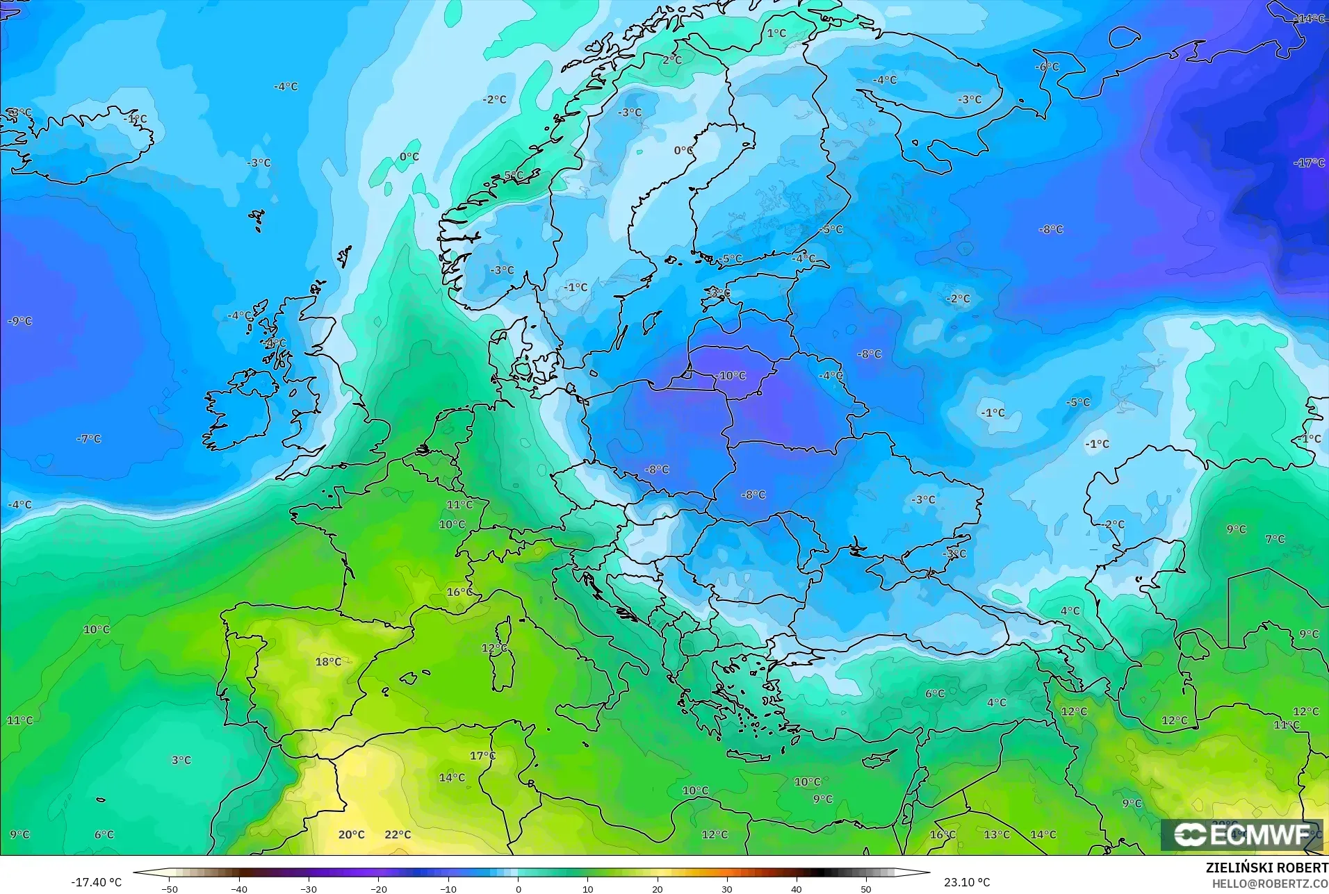 ECMWF IFS 0.25° modelo - Europe, Temperature at 850hPa