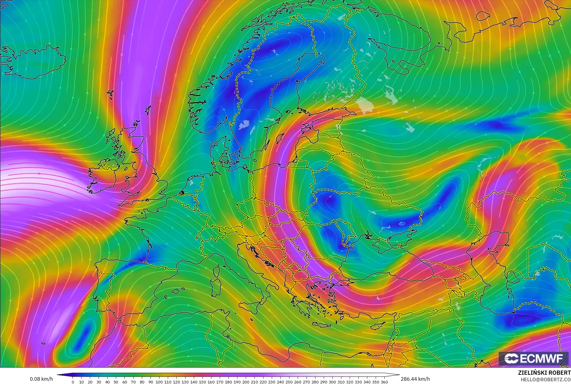 ECMWF IFS 0.25° model - Eropah, Angin 300 hPa (aliran jet)