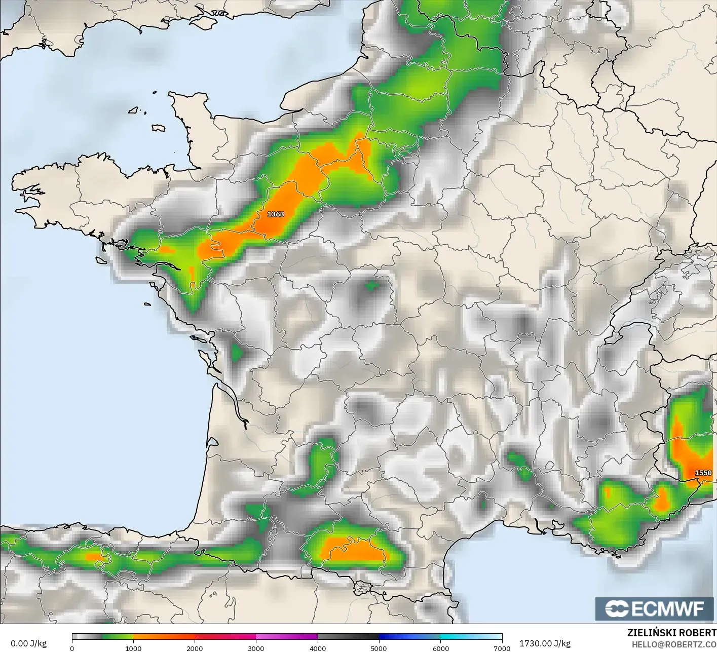 ECMWF IFS 0.25° modelo - France, CAPE