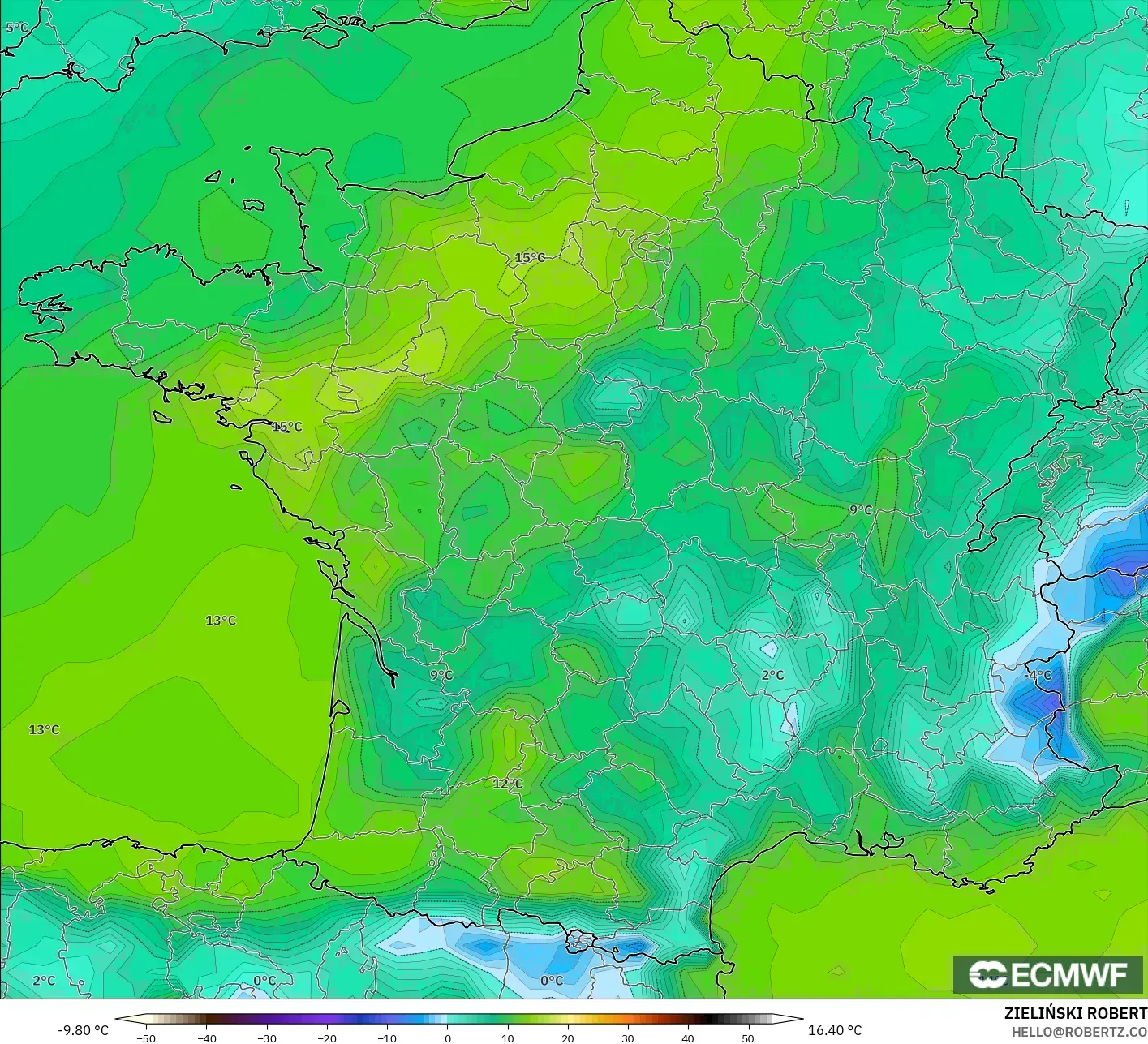 ECMWF IFS 0.25° modelo - France, Dewpoint at 2m