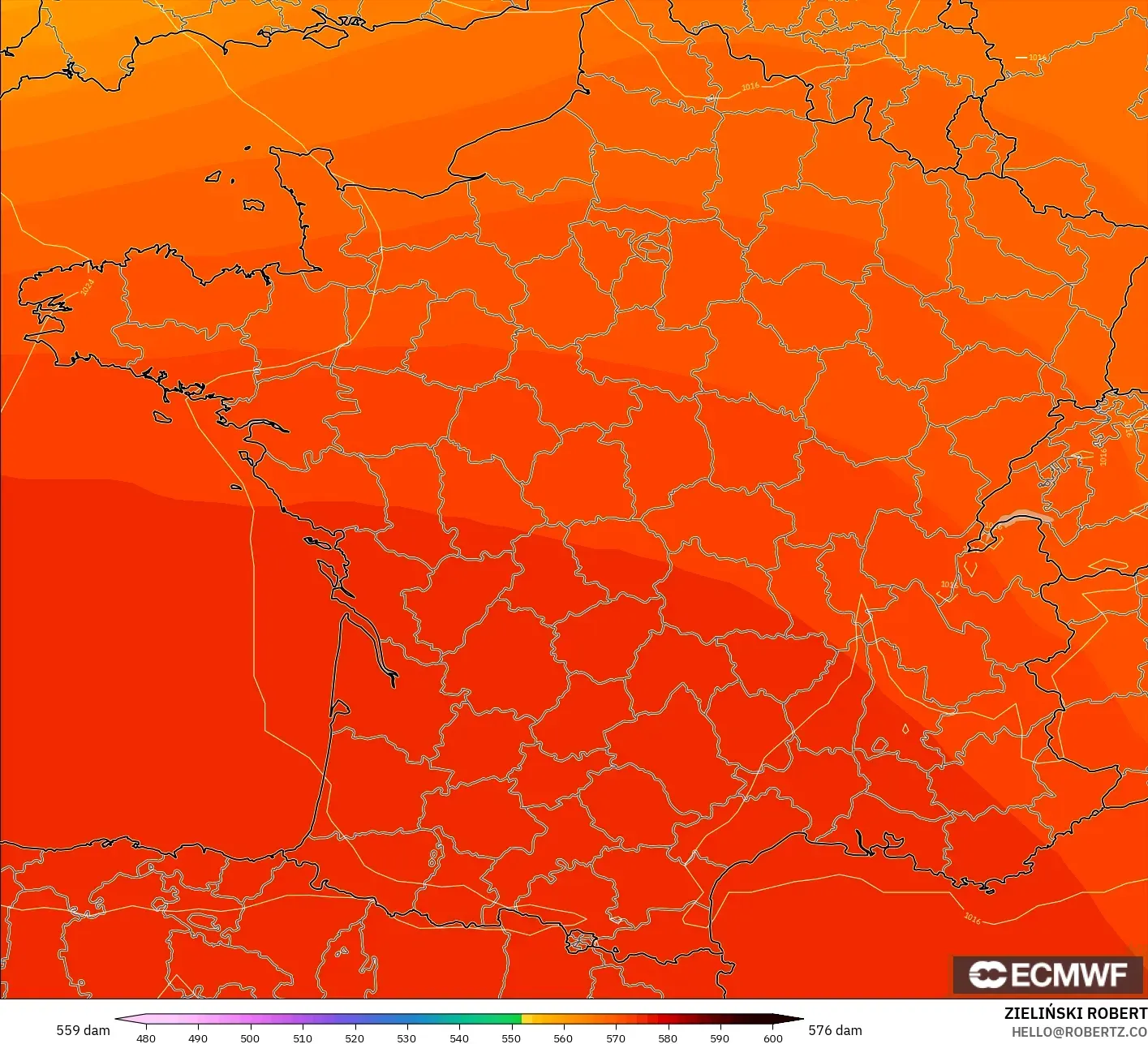 ECMWF IFS 0.25° modelo - France, Geopotential height at 500hPa