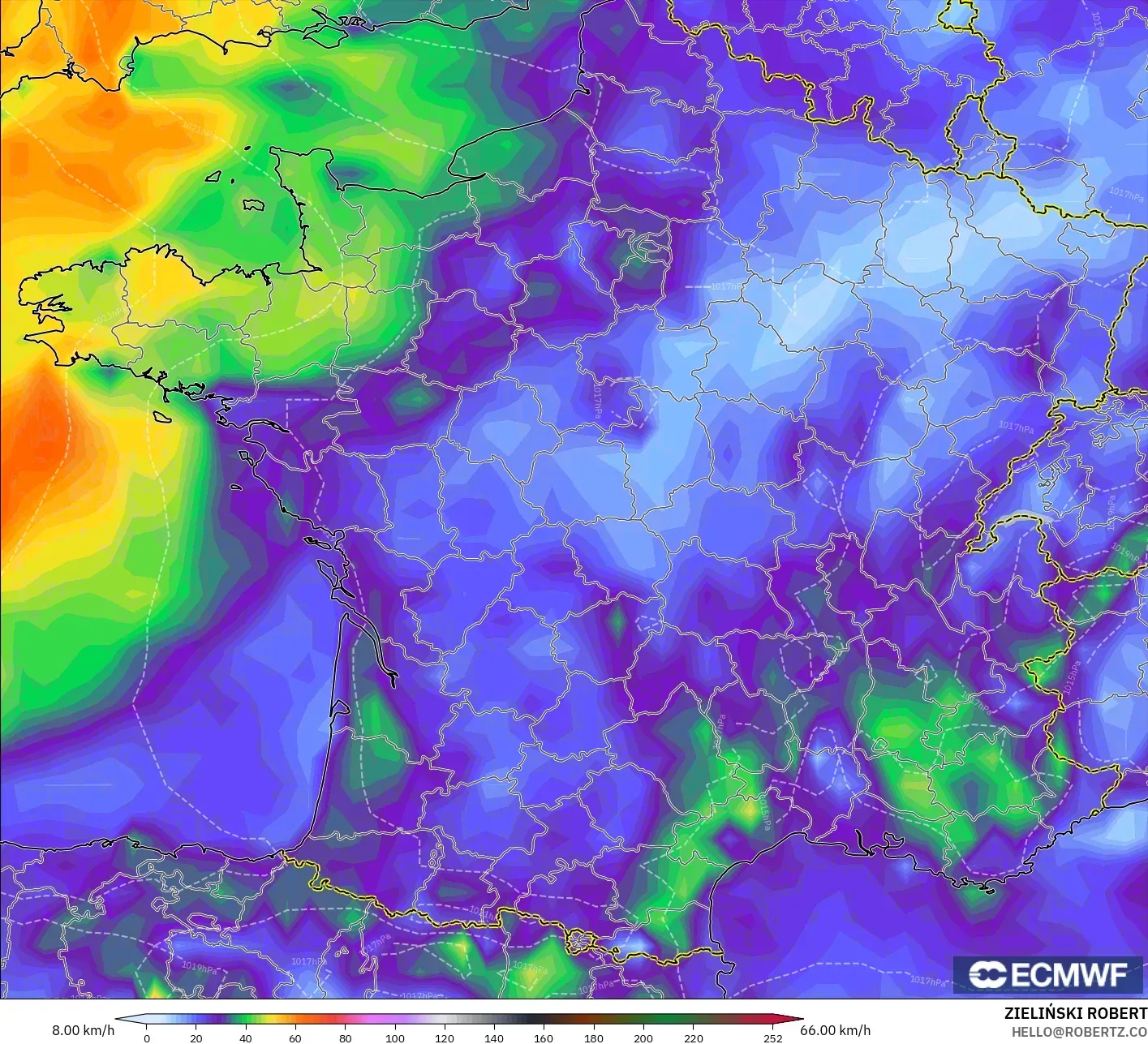 ECMWF IFS 0.25° model - Perancis, Hembusan Tertinggi