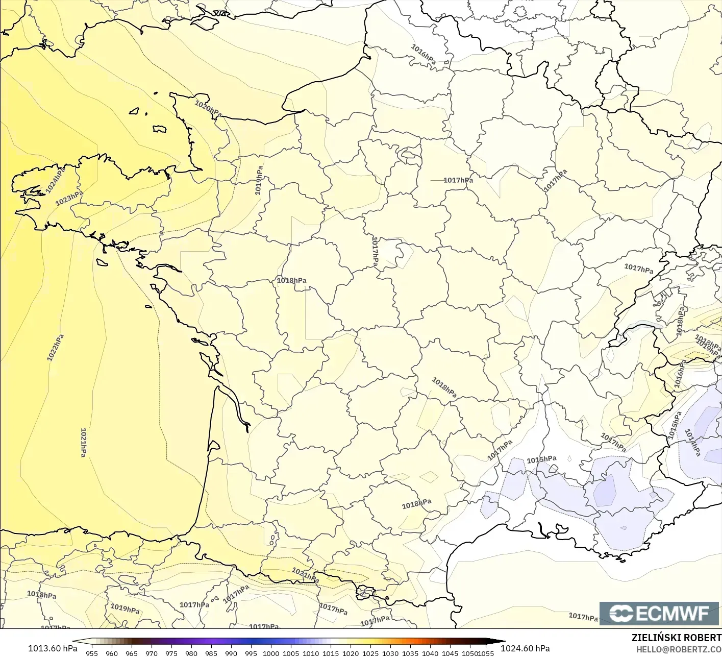 ECMWF IFS 0.25° modelo - France, Pressure