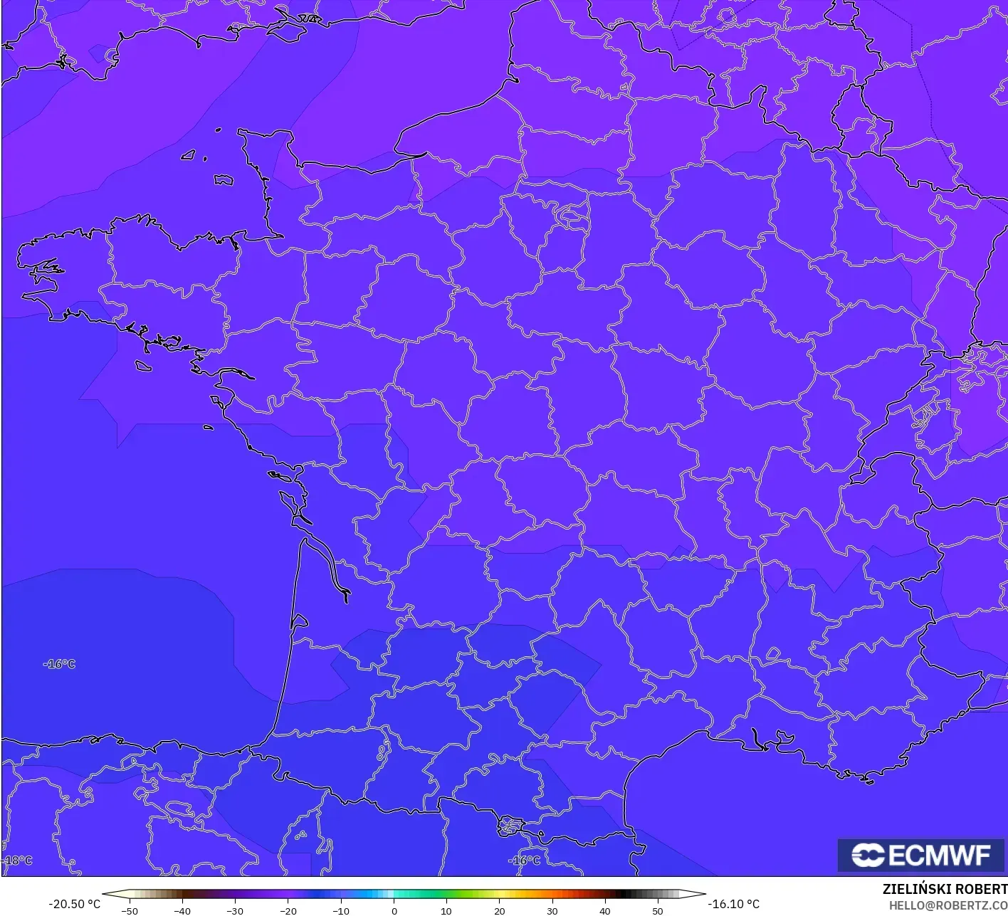 ECMWF IFS 0.25° modelo - France, Temperature at 500hPa