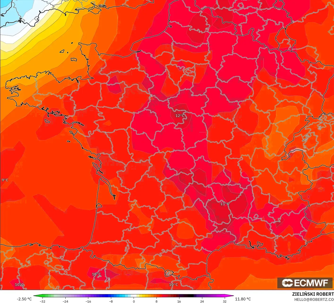 ECMWF IFS 0.25° model - Perancis, Anomali Suhu 850 hPa