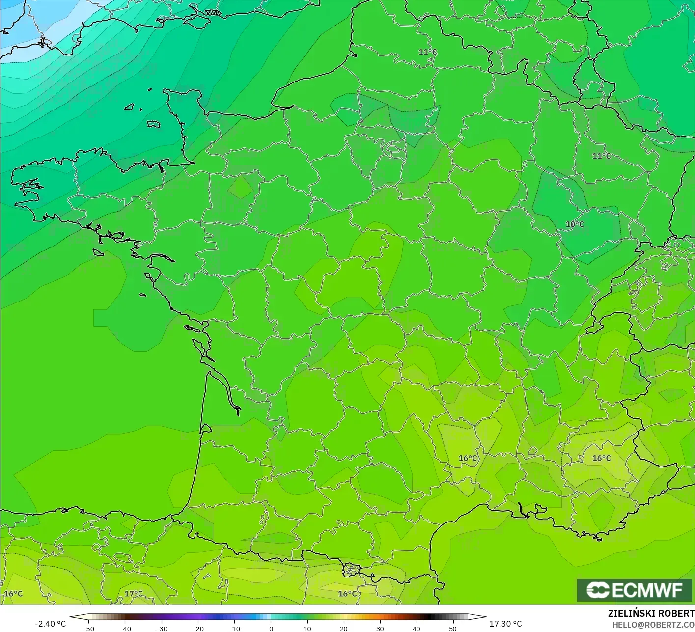 ECMWF IFS 0.25° modelo - France, Temperature at 850hPa