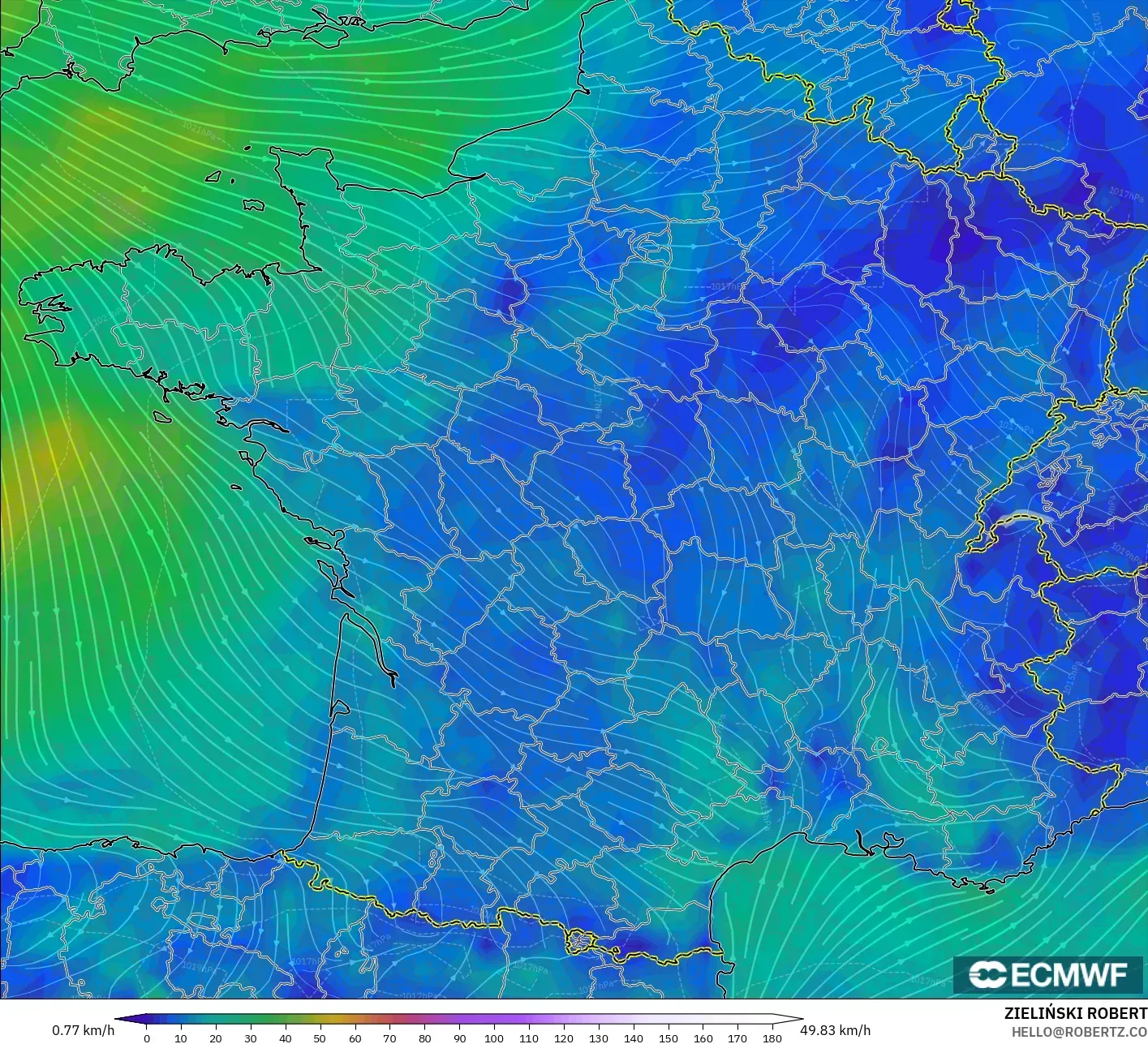 ECMWF IFS 0.25° modelo - France, Wind at 10m