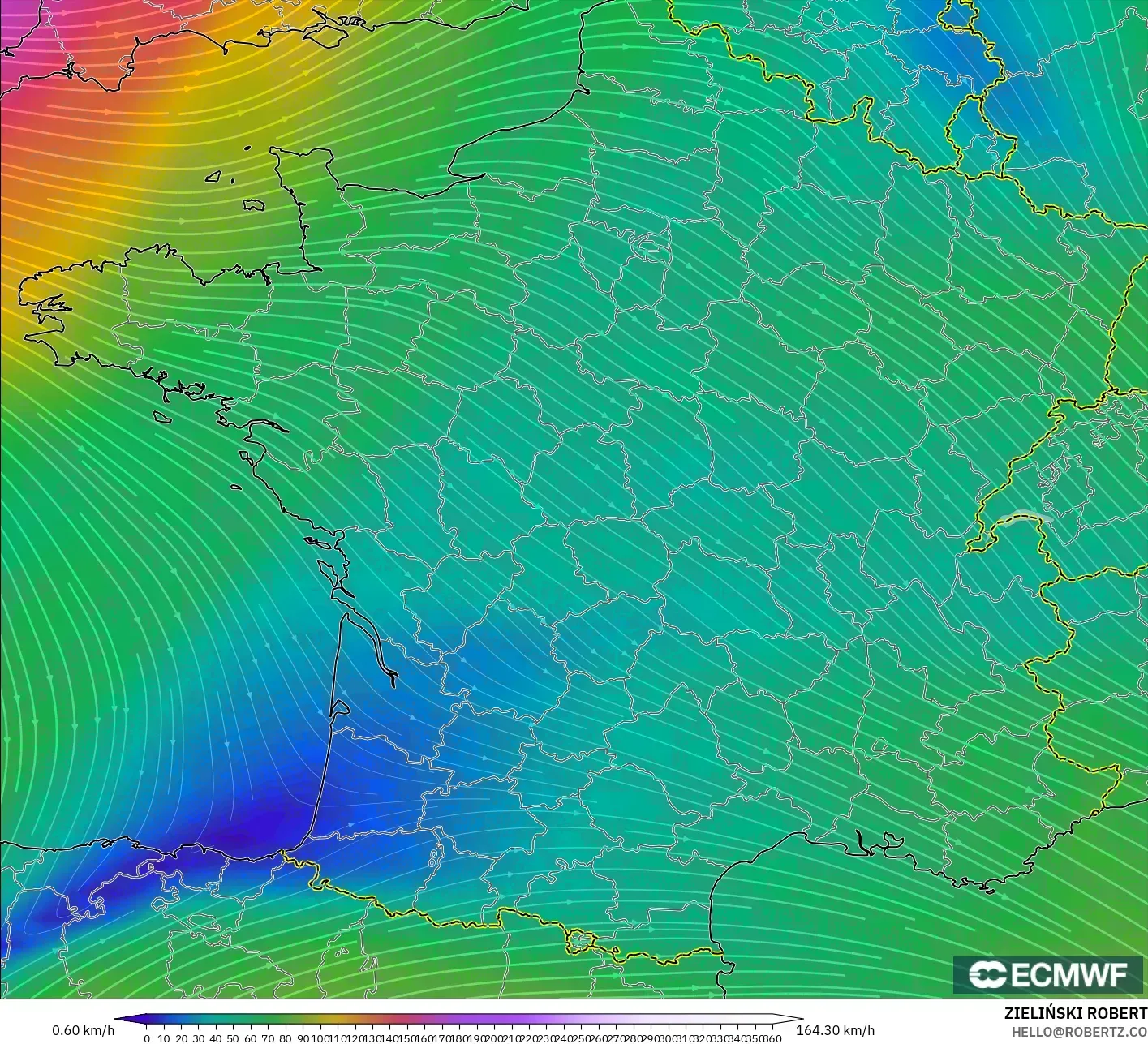 ECMWF IFS 0.25° model - Perancis, Angin 300 hPa (aliran jet)