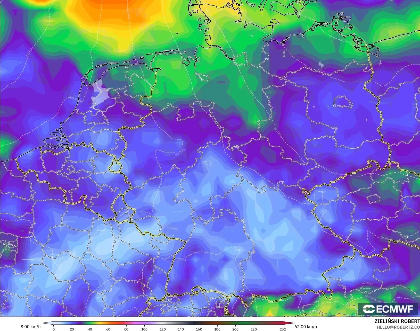 ECMWF IFS 0.25° model - Jerman, Hembusan Angin