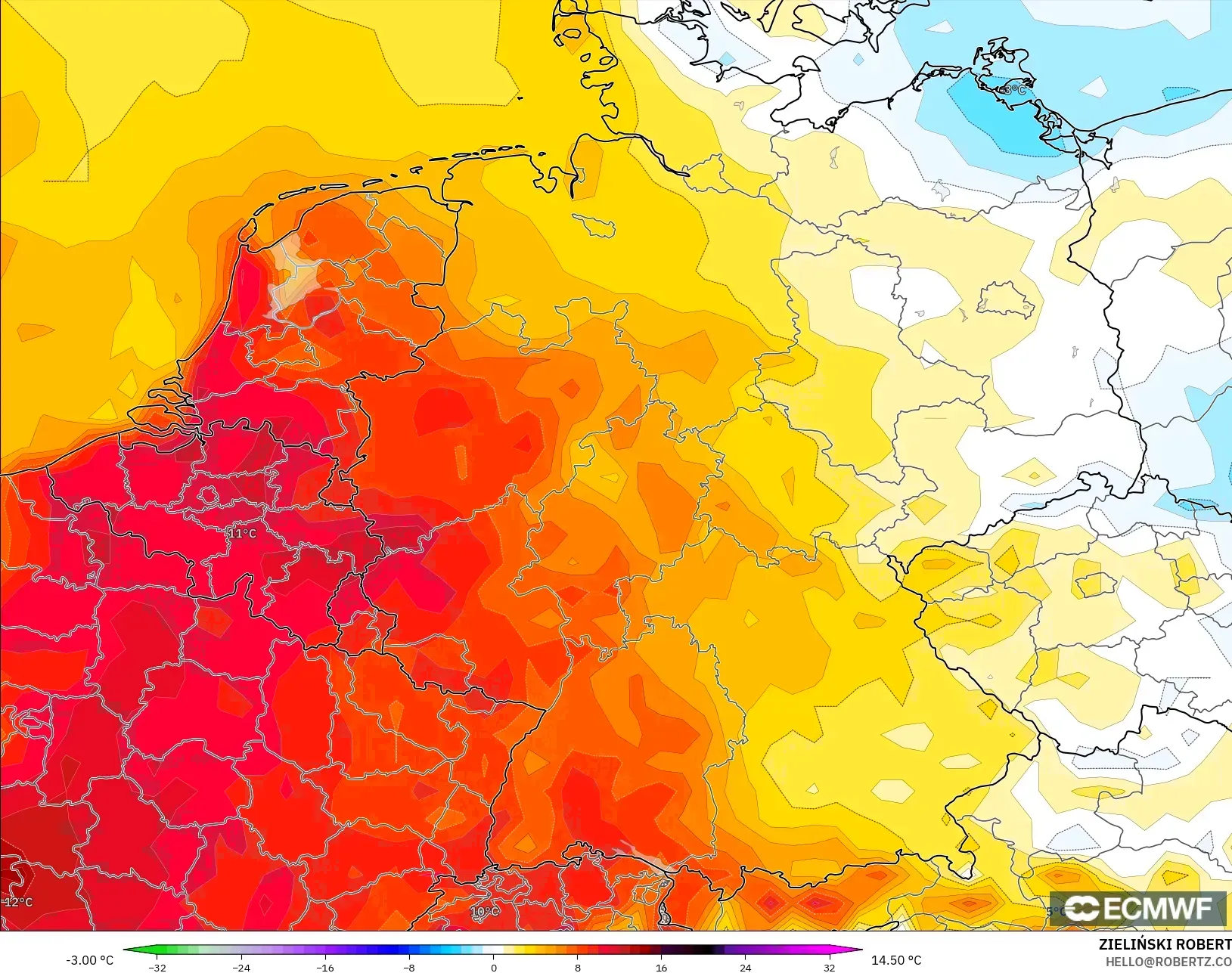 ECMWF IFS 0.25° modelo - Germany, Temperature at 2m Anomaly