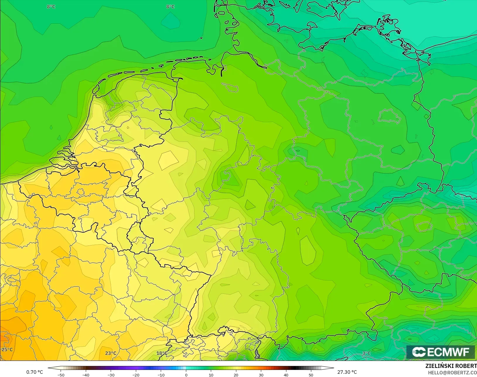 ECMWF IFS 0.25° model - Jerman, Suhu pada 2 m
