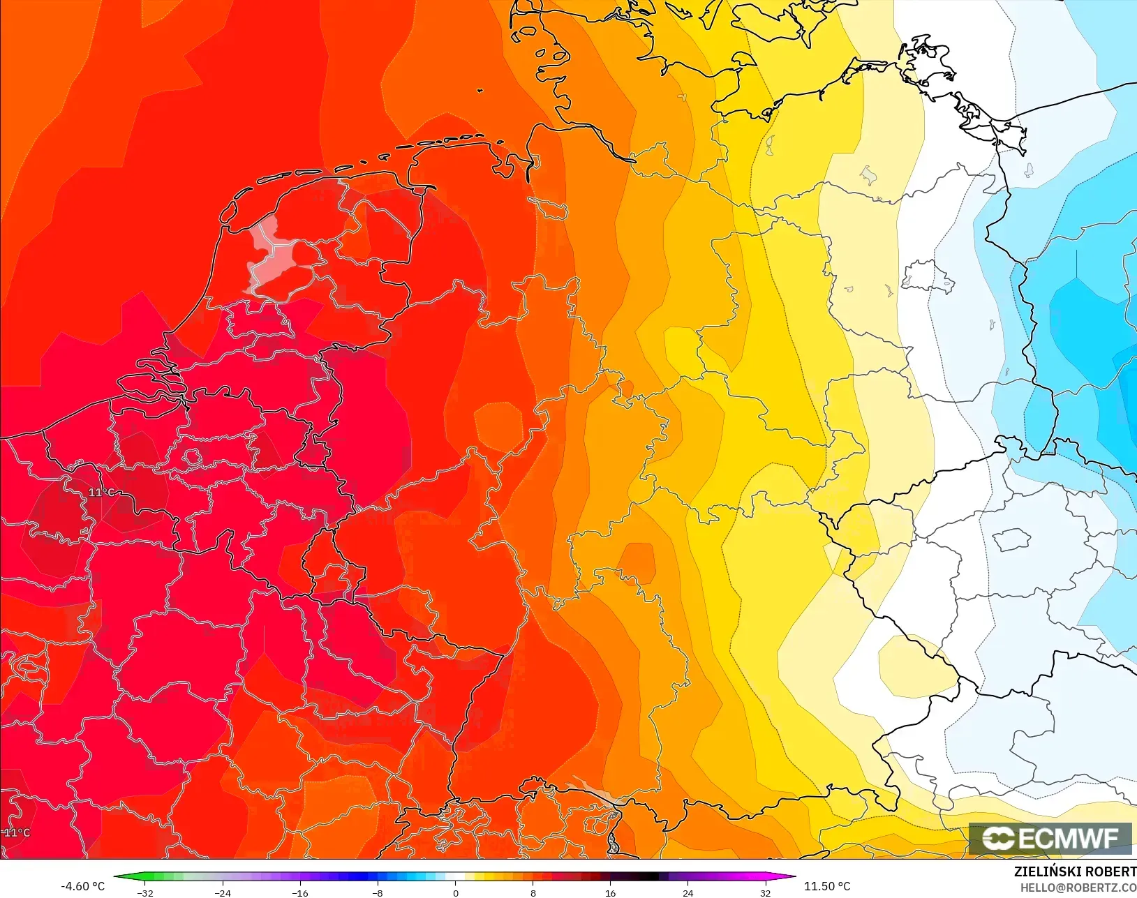 ECMWF IFS 0.25° modelo - Germany, Temperature at 850hPa Anomaly