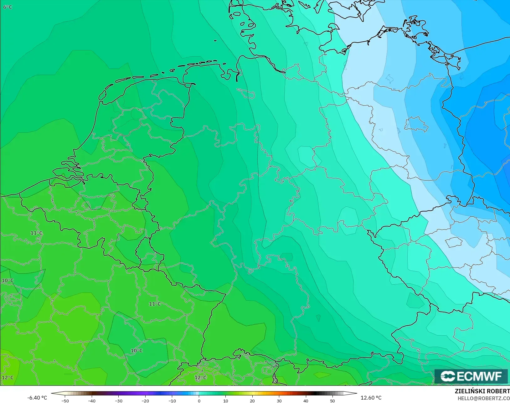 ECMWF IFS 0.25° model - Jerman, Suhu 850 hPa