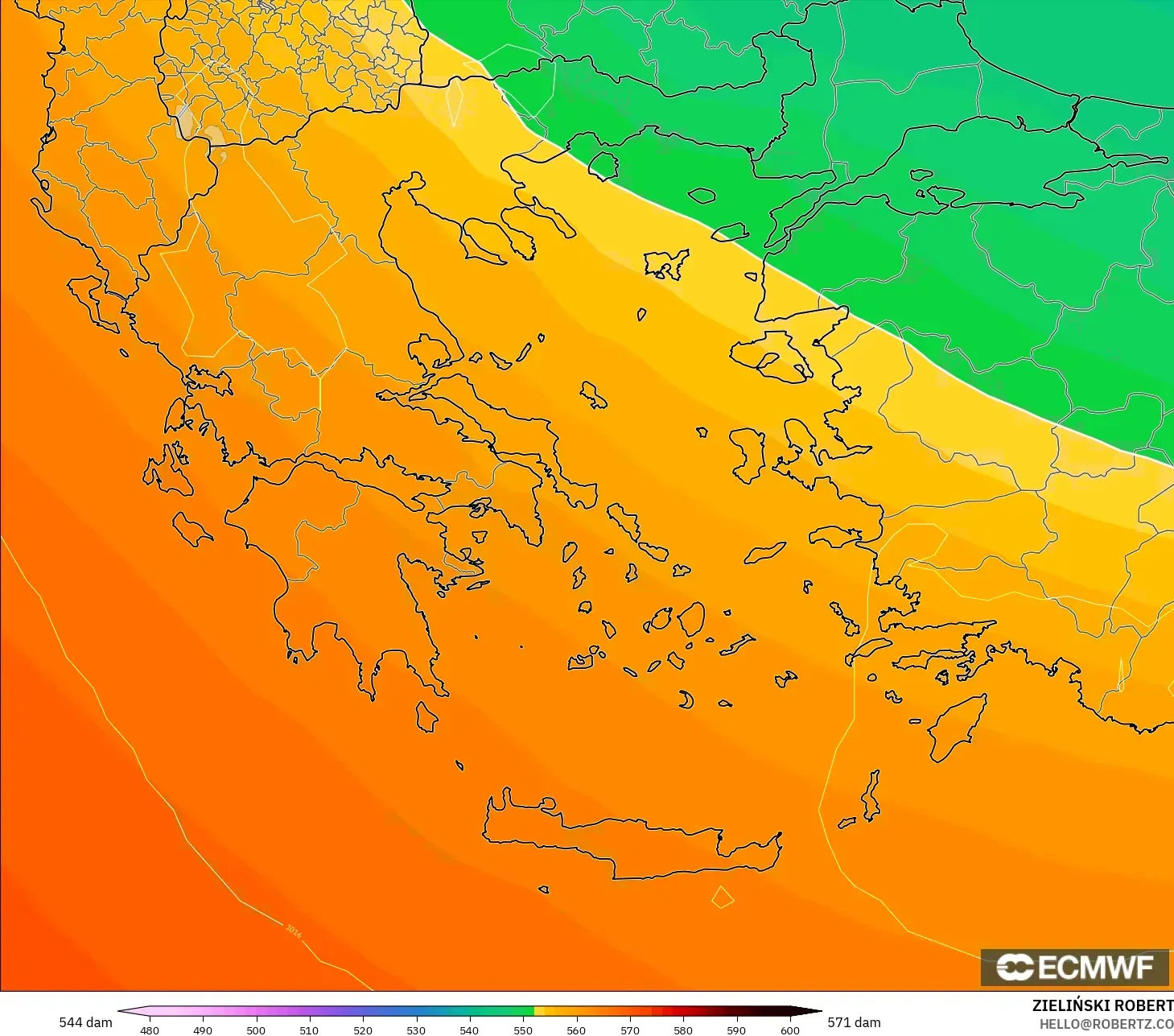ECMWF IFS 0.25° model - Yunani, Ketinggian geopotensial pada 500 hPa