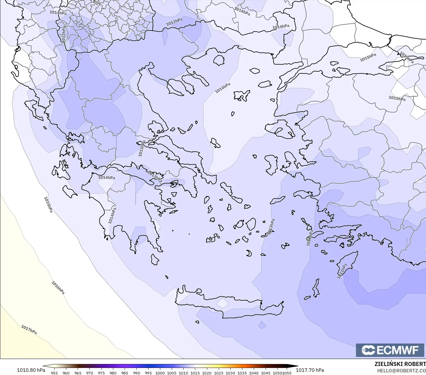 ECMWF IFS 0.25° modelo - Greece, Pressure