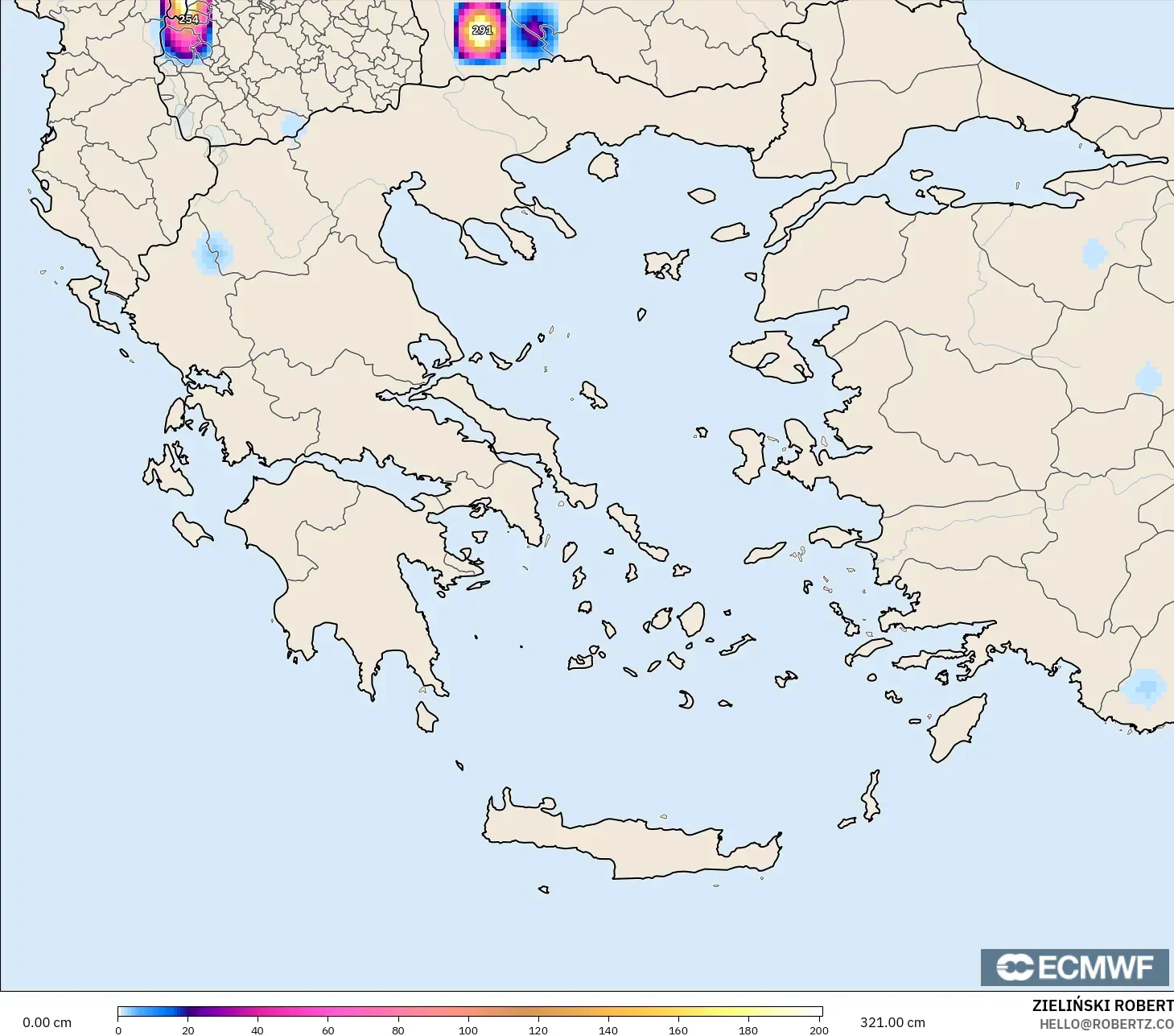 ECMWF IFS 0.25° modelo - Greece, Snow Depth