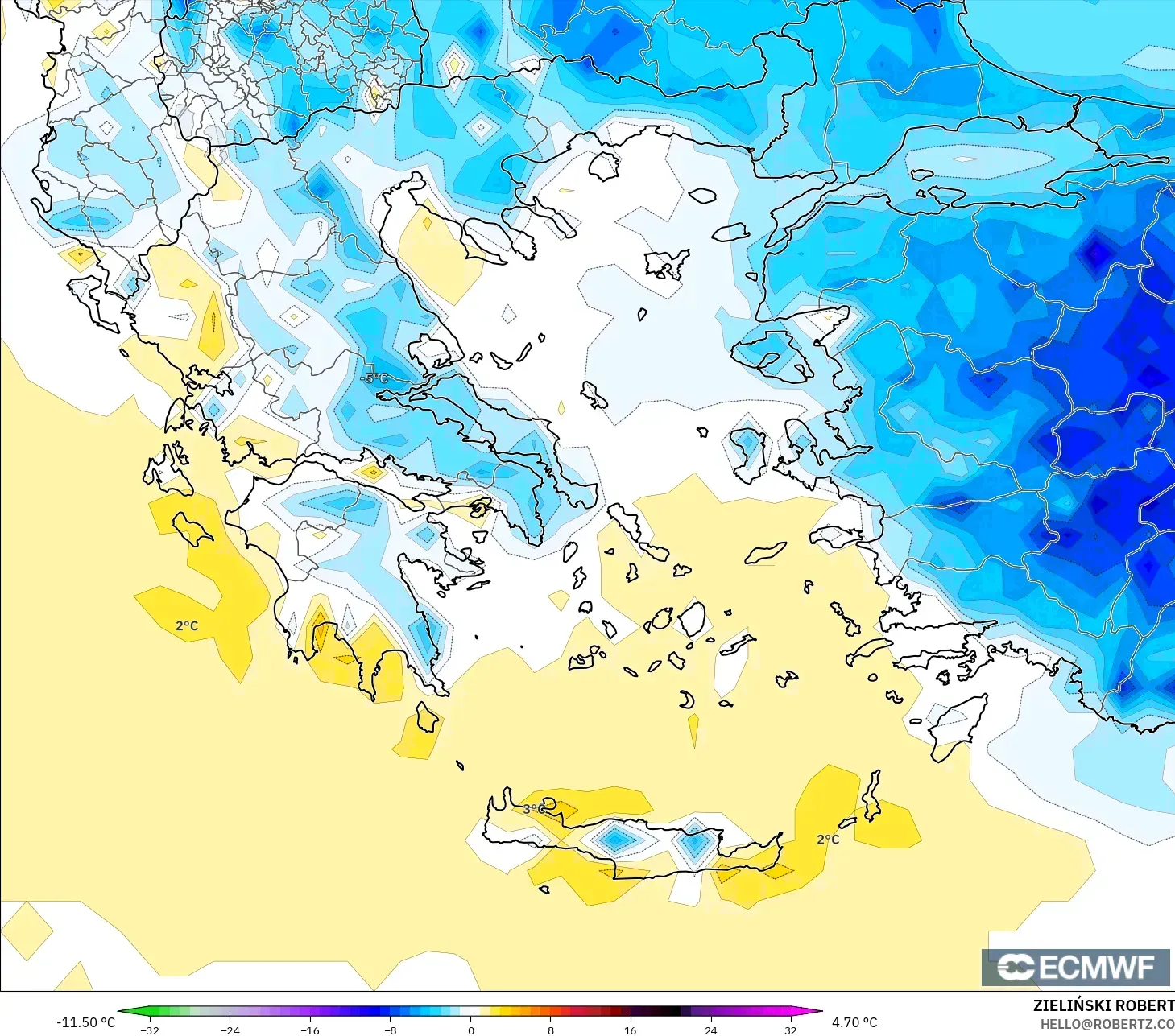 ECMWF IFS 0.25° modelo - Greece, Temperature at 2m Anomaly