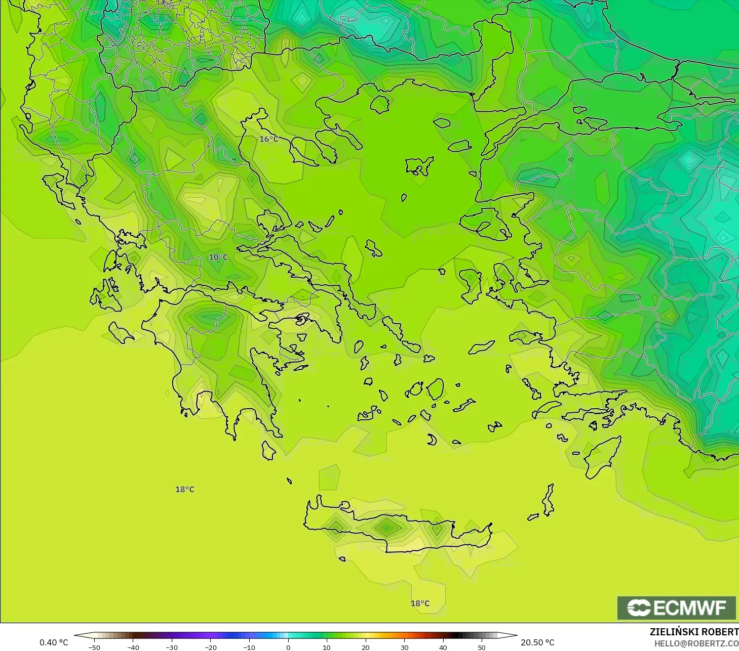 ECMWF IFS 0.25° model - Yunani, Suhu pada 2 m