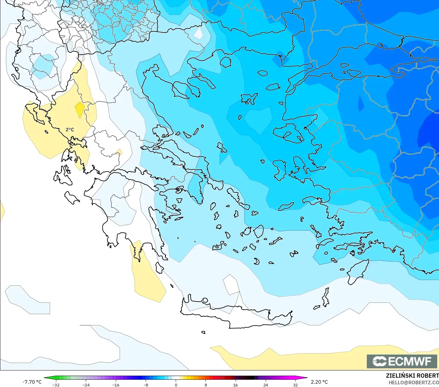 ECMWF IFS 0.25° model - Yunani, Anomali Suhu 850 hPa
