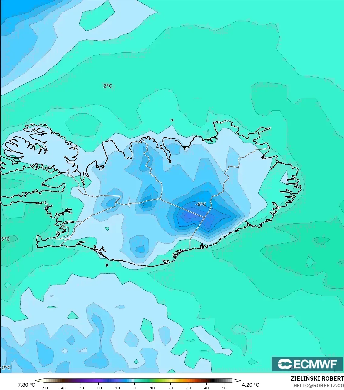 ECMWF IFS 0.25° modelo - Iceland, Dewpoint at 2m