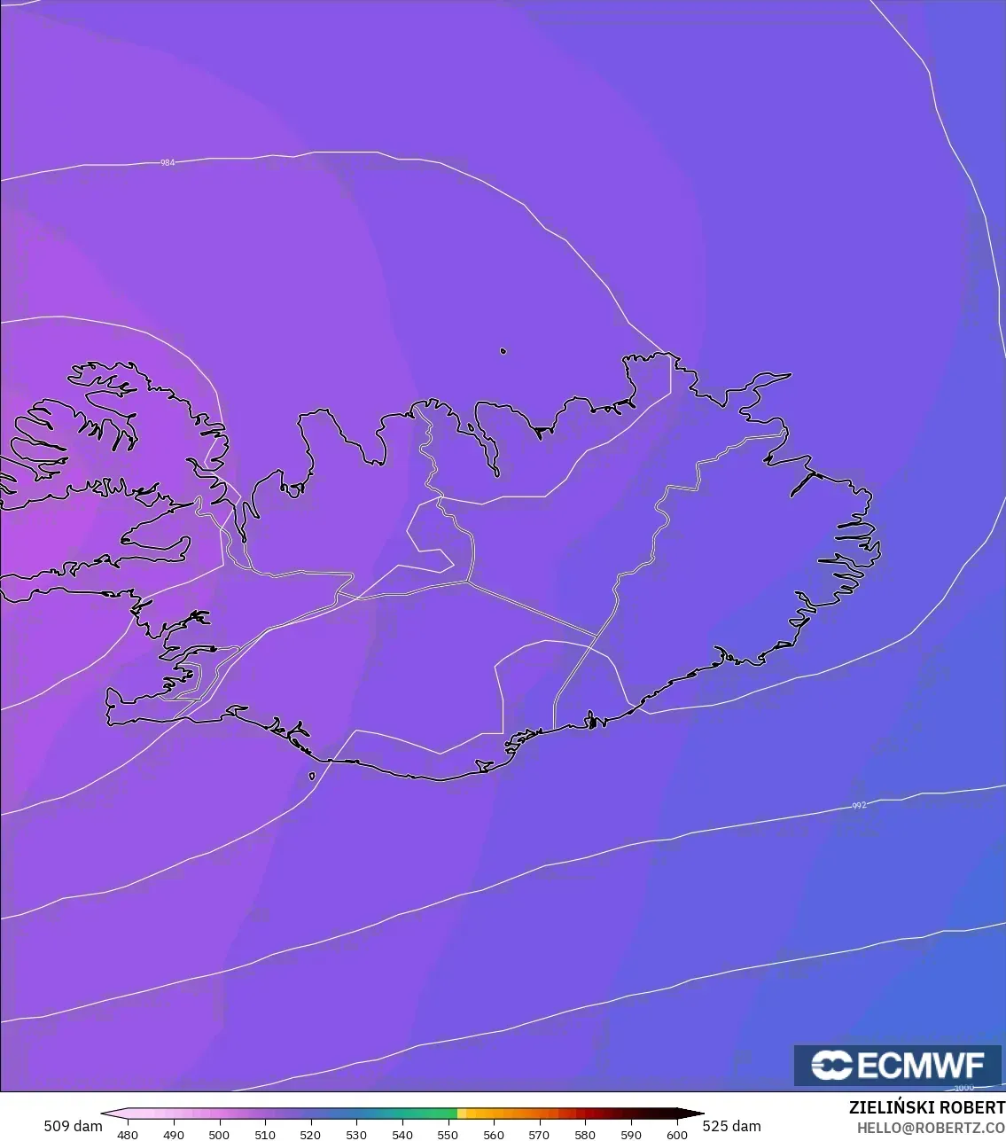 ECMWF IFS 0.25° modelo - Iceland, Geopotential height at 500hPa