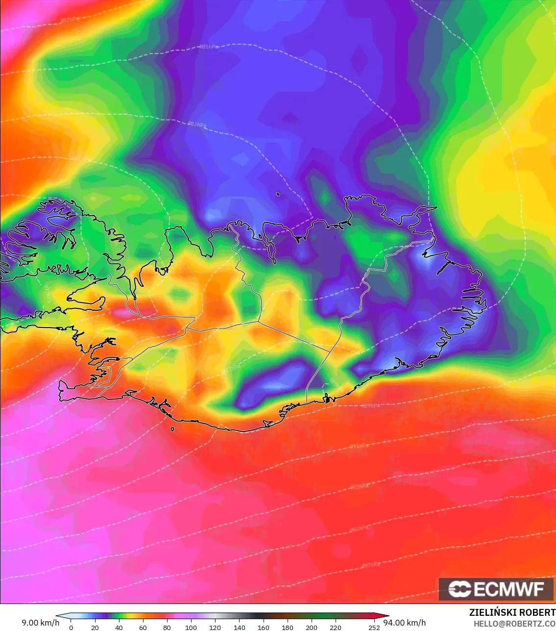 ECMWF IFS 0.25° model - Iceland, Hembusan Tertinggi