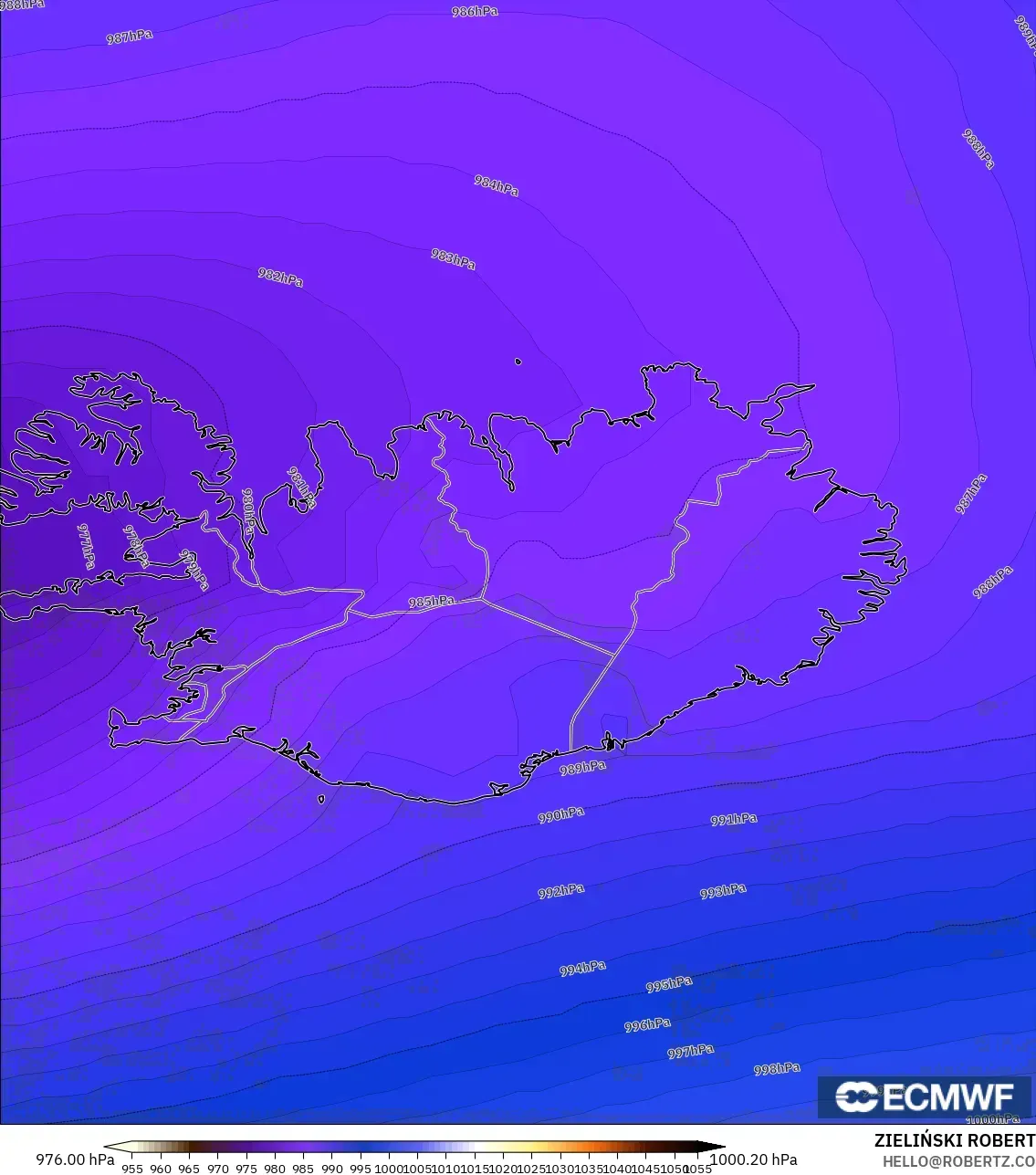 ECMWF IFS 0.25° modelo - Iceland, Pressure