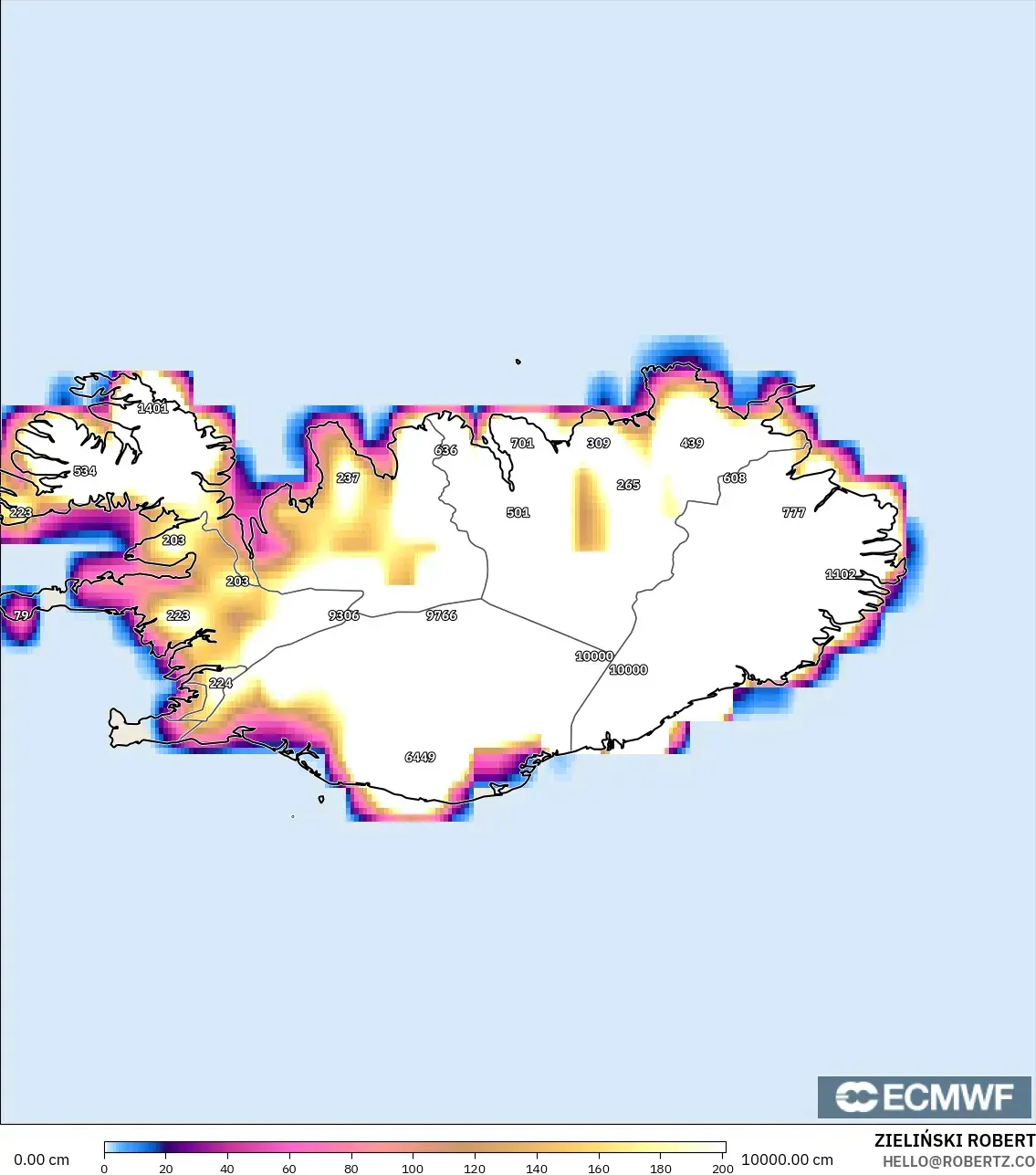 ECMWF IFS 0.25° modelo - Iceland, Snow Depth