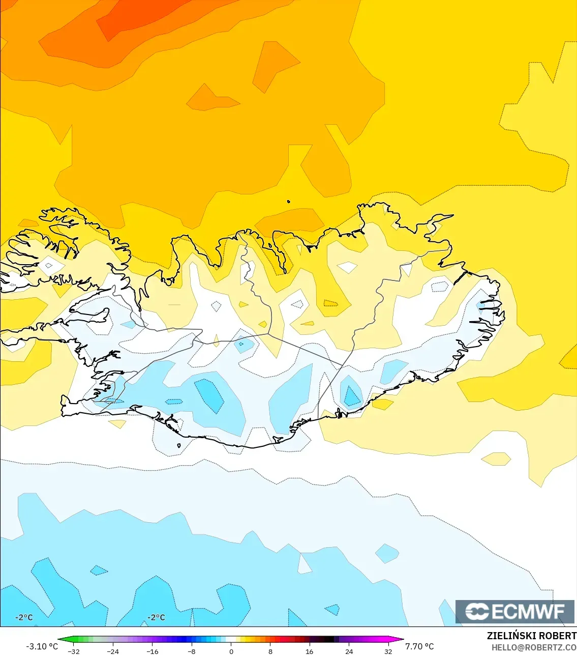 ECMWF IFS 0.25° model - Iceland, Anomali Suhu 2 m