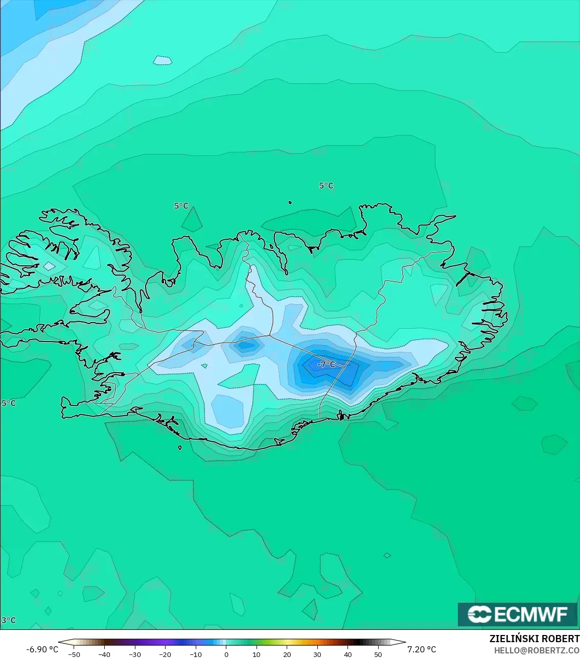 ECMWF IFS 0.25° modelo - Iceland, Temperature at 2m