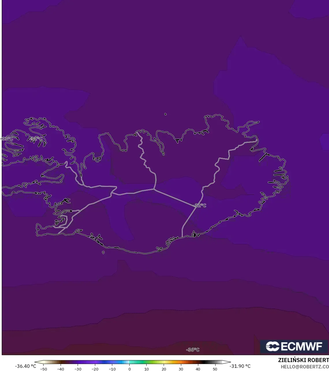 ECMWF IFS 0.25° modelo - Iceland, Temperature at 500hPa