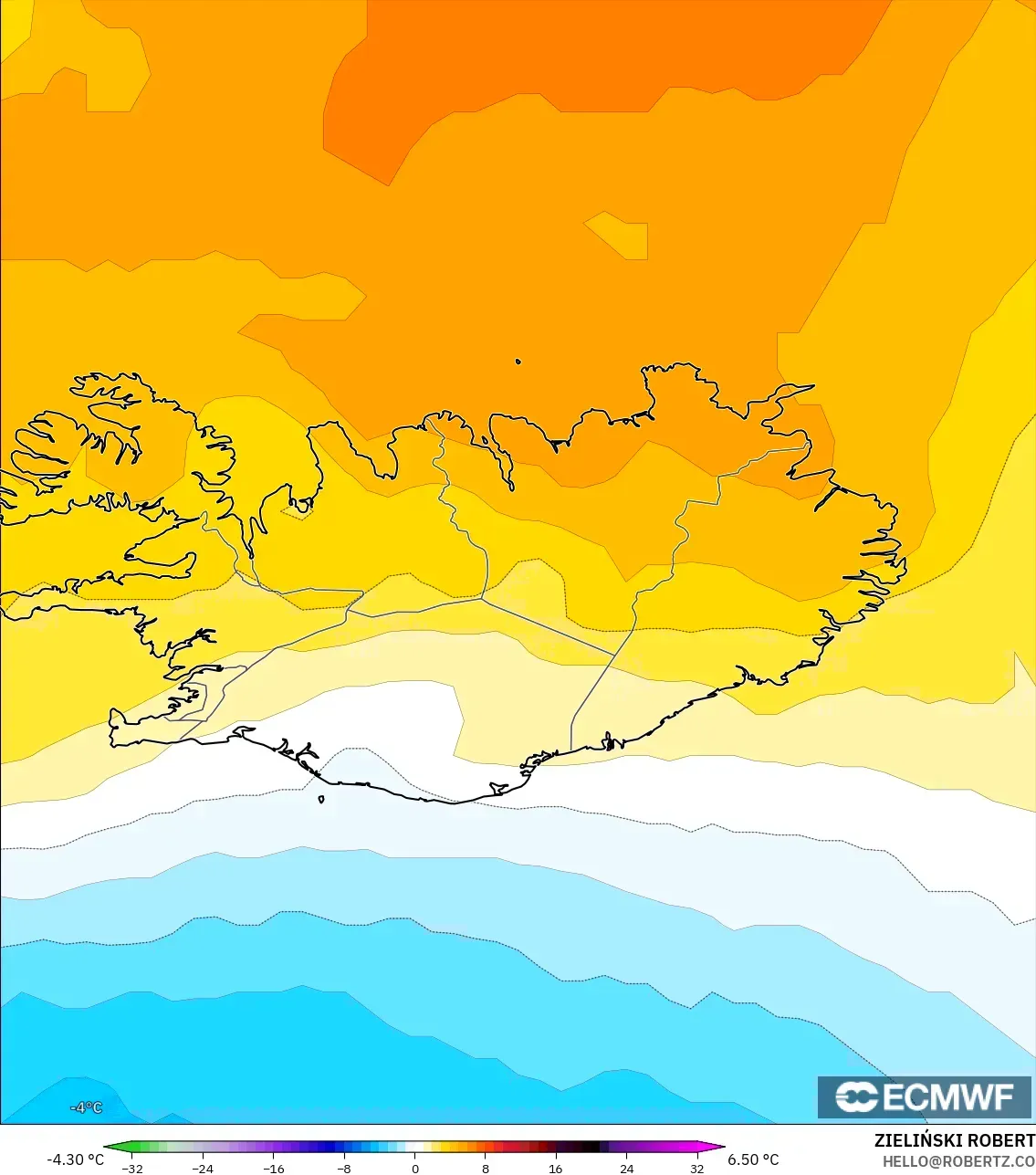 ECMWF IFS 0.25° modelo - Iceland, Temperature at 850hPa Anomaly