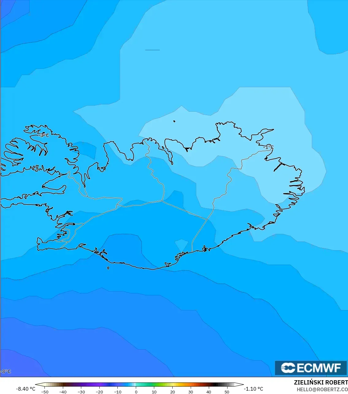 ECMWF IFS 0.25° modelo - Iceland, Temperature at 850hPa
