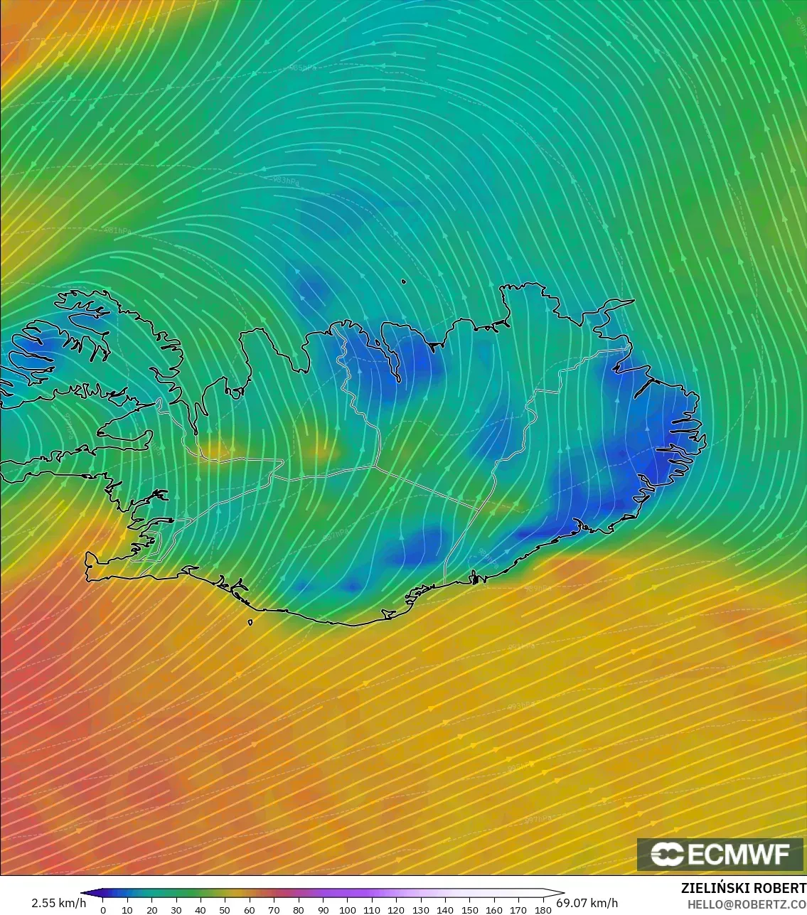 ECMWF IFS 0.25° modelo - Iceland, Wind at 10m