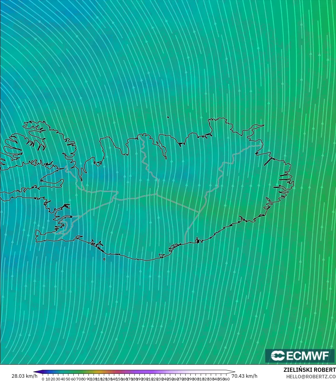 ECMWF IFS 0.25° model - Iceland, Angin 300 hPa (aliran jet)