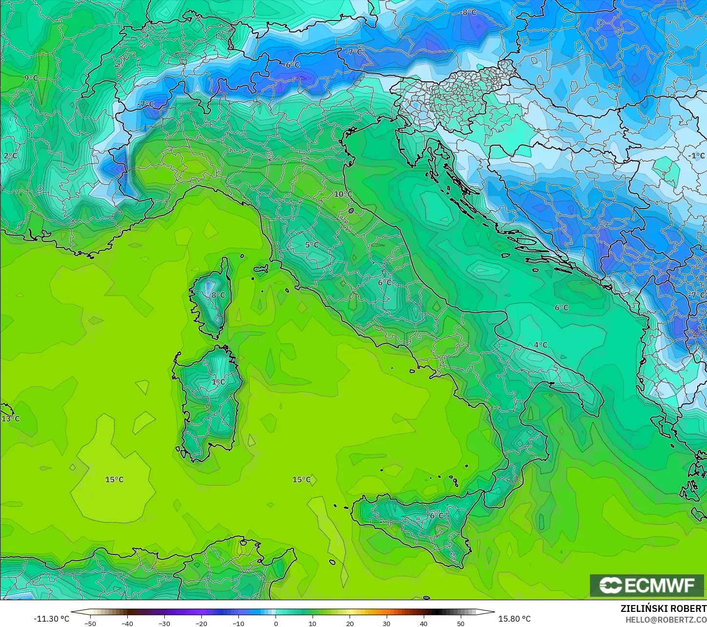 ECMWF IFS 0.25° modelo - Italy, Dewpoint at 2m
