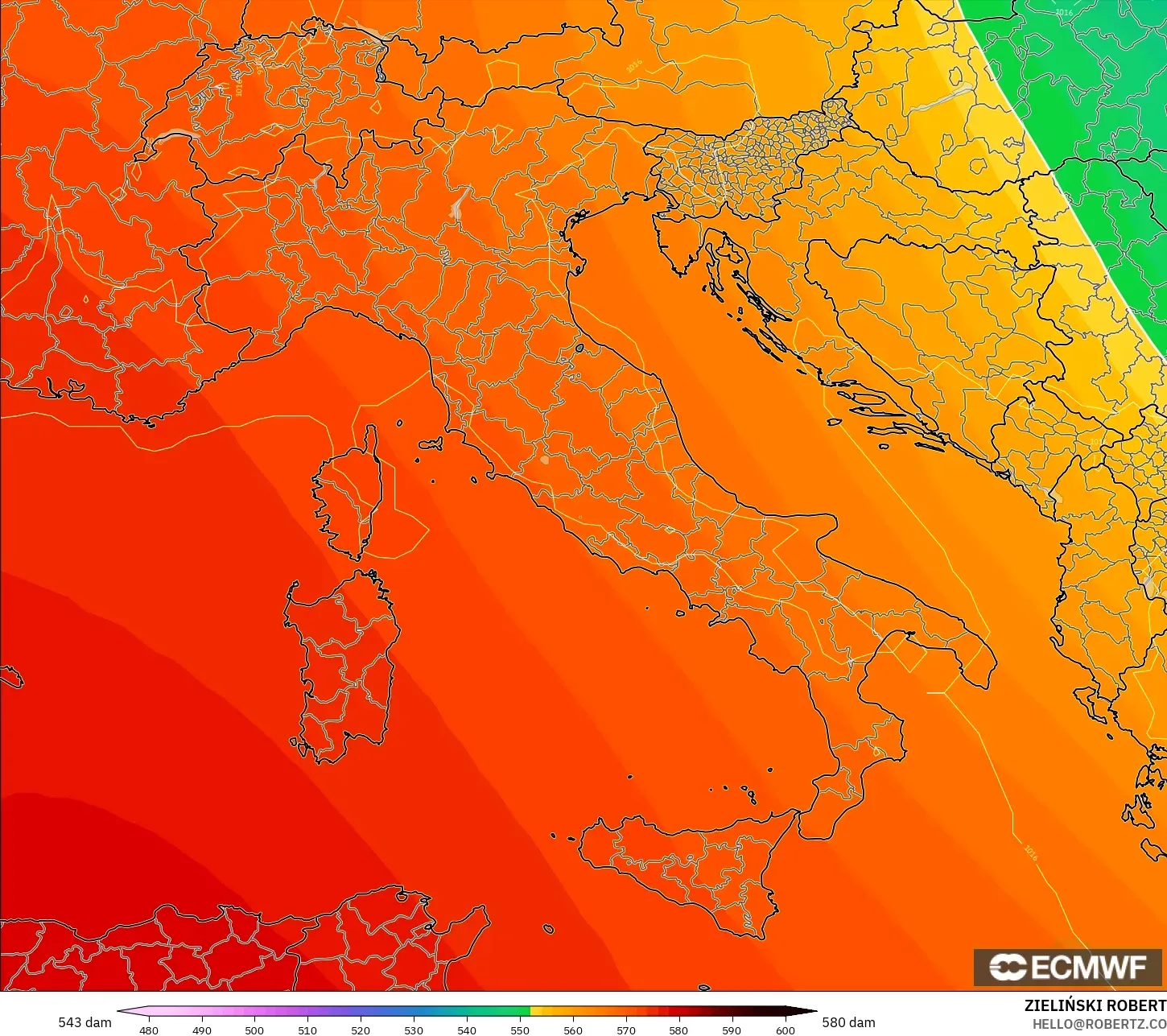 ECMWF IFS 0.25° modelo - Italy, Geopotential height at 500hPa
