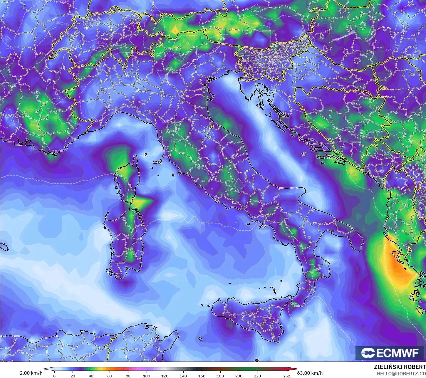ECMWF IFS 0.25° model - Itali, Hembusan Tertinggi