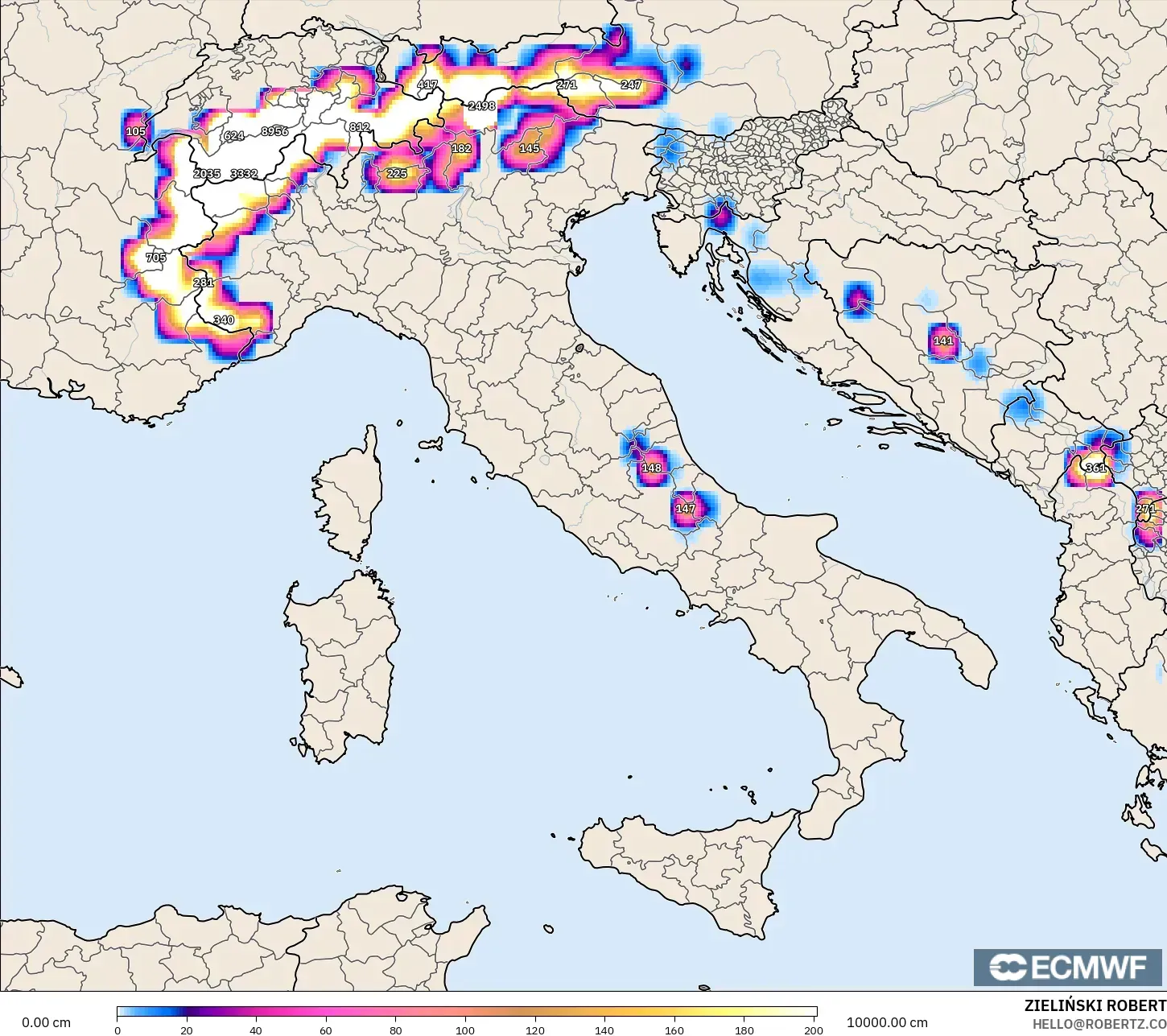 ECMWF IFS 0.25° model - Itali, Ketebalan Salji