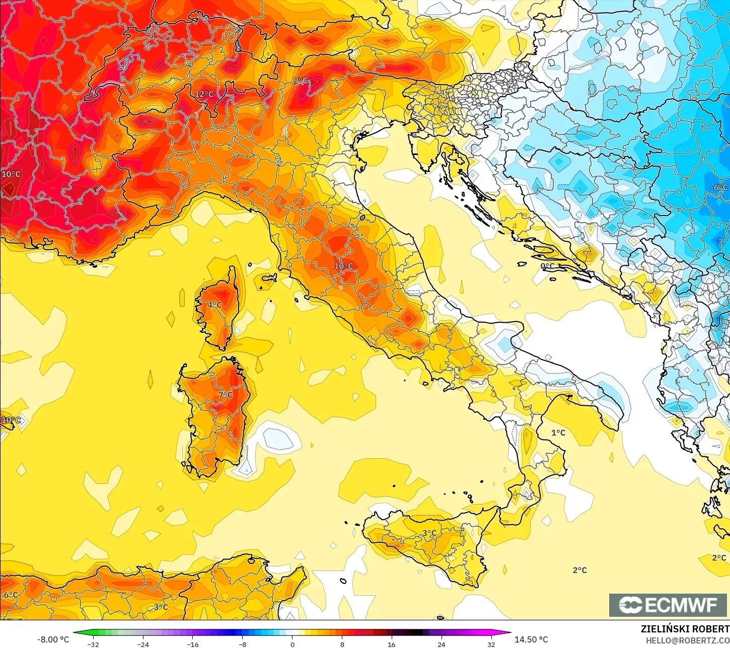 ECMWF IFS 0.25° model - Itali, Anomali Suhu 2 m