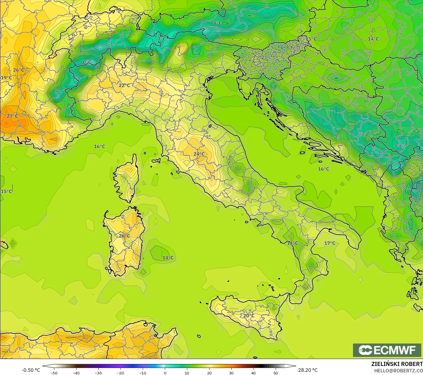 ECMWF IFS 0.25° modelo - Italy, Temperature at 2m
